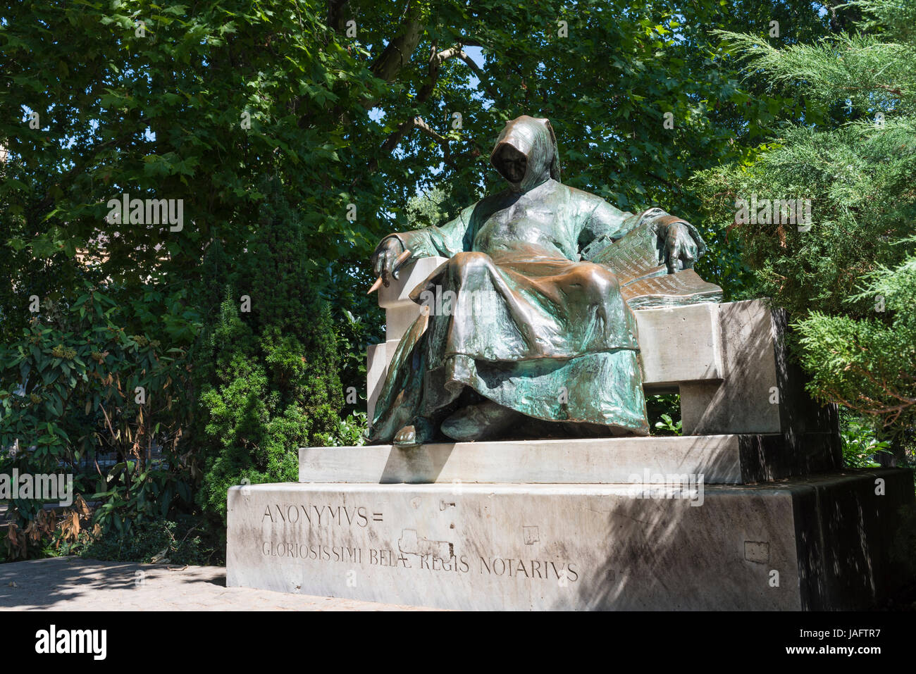 Statue of hooded seated man in the grounds of Vajdahunyad Castle, Budapest, Hungary Stock Photo