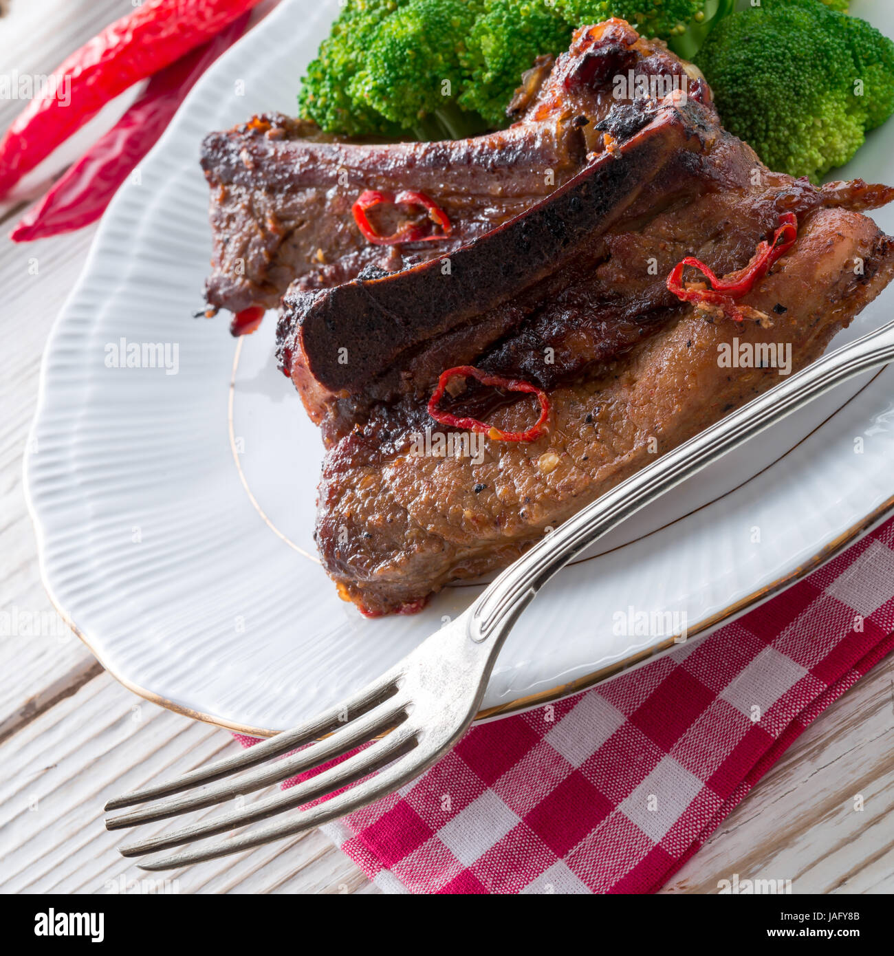 grilled ones rib with broccoli Stock Photo