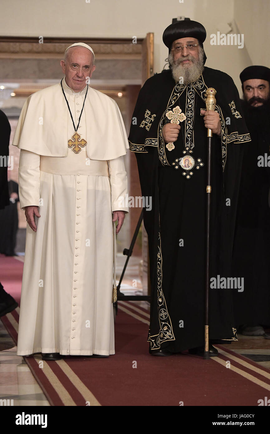 Pope Francis meets with Pope Tawadros II, spiritual leader of Egypt's