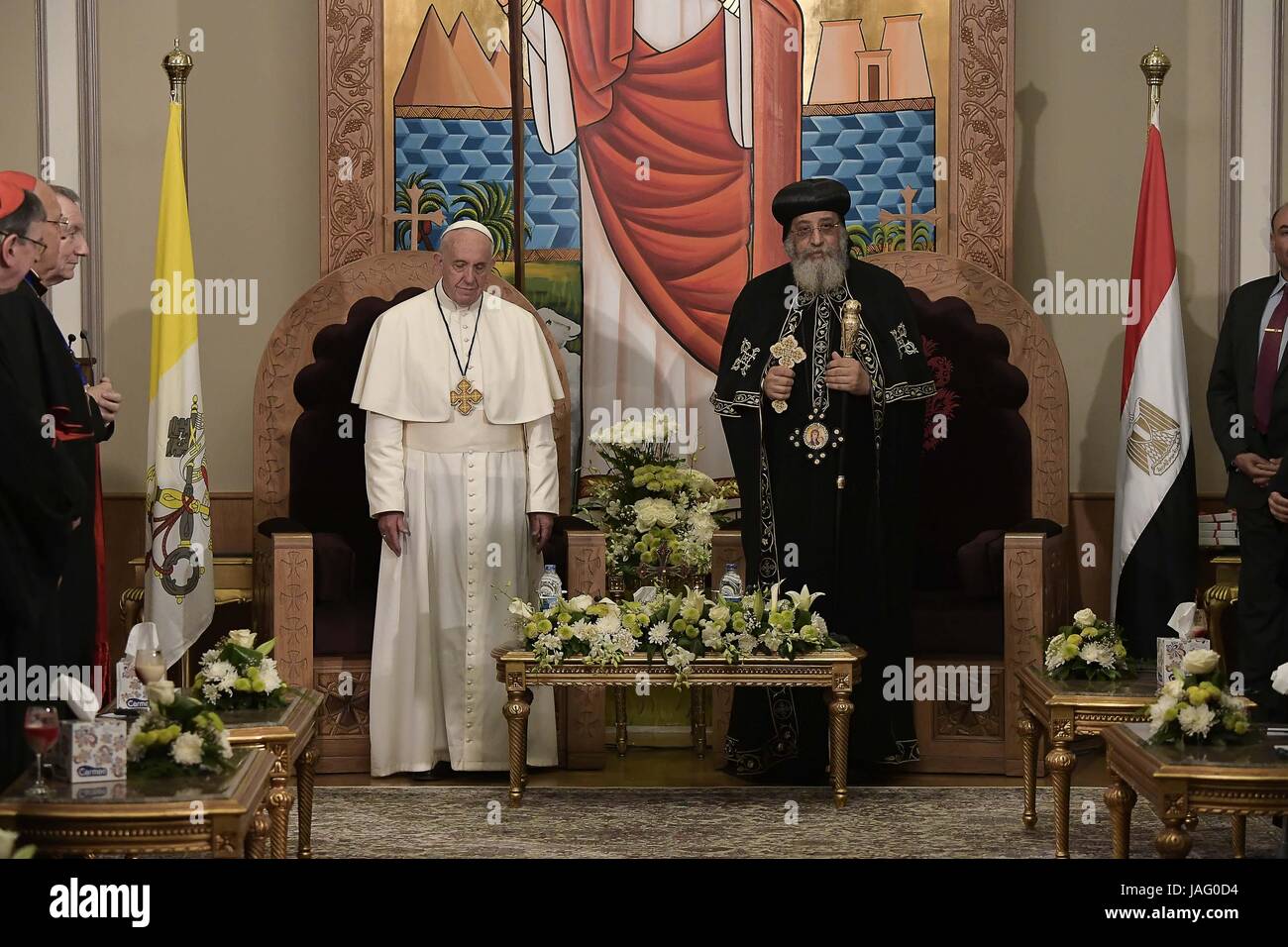 Pope Francis meets with Pope Tawadros II, spiritual leader of Egypt's