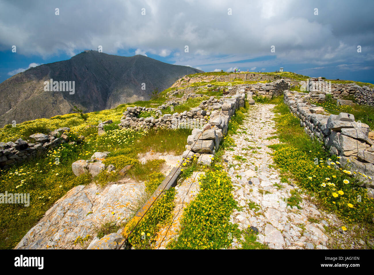 The ruins of ancient Thira, a prehistoric village at the top of the mountain Mesa Vouno, Santorini, Greece. Stock Photo