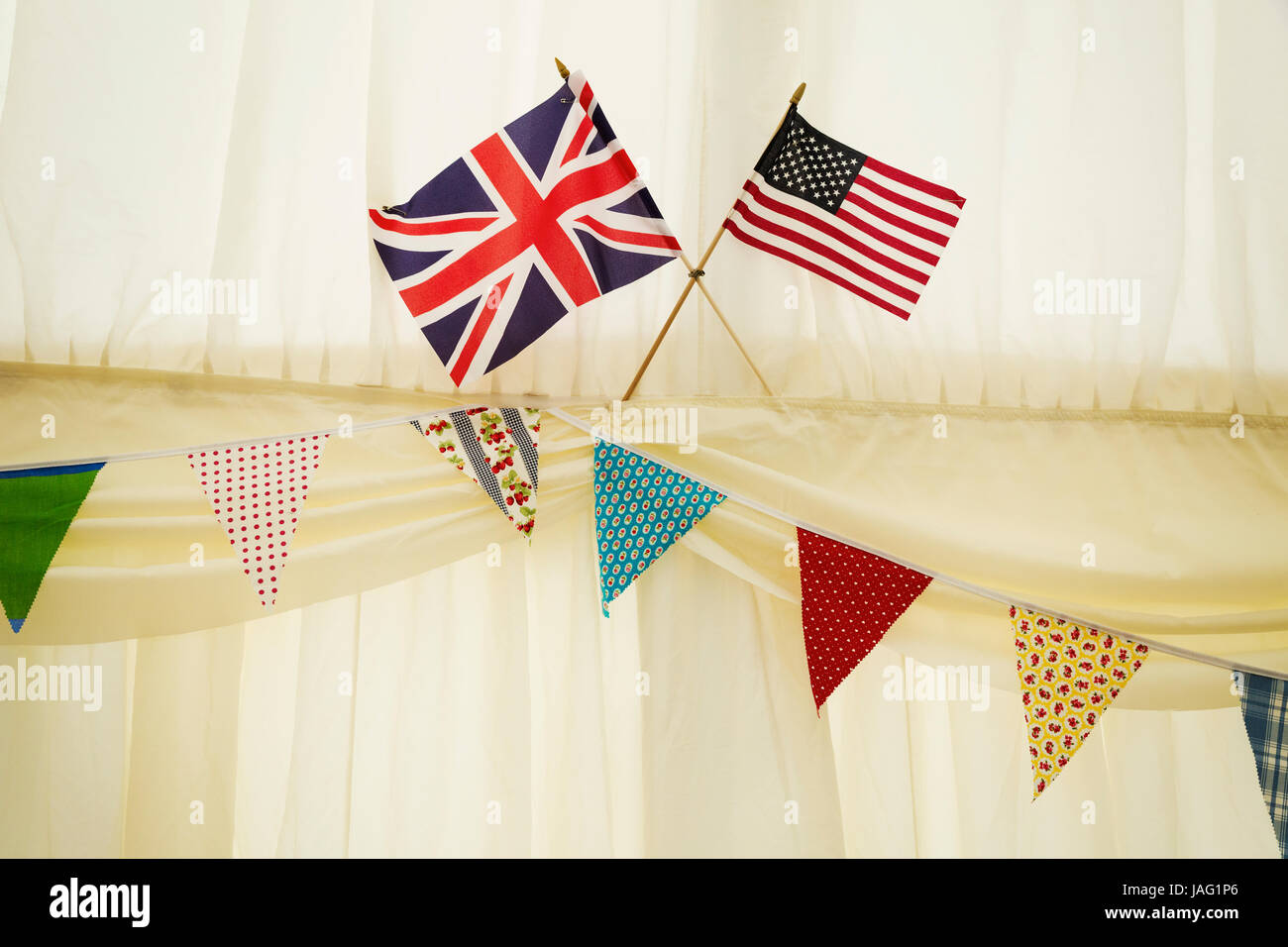Decoration Of Bunting And English And Us Flag In A Wedding Marquee Stock Photo Alamy