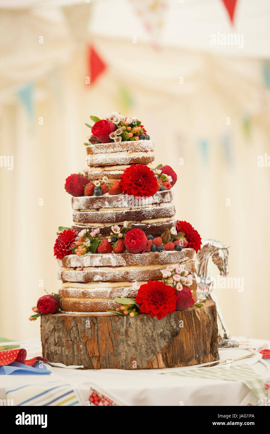 Close up of a wedding cake decorated with strawberries and cream and fresh red flowers, dahlias set on a wooden log. Stock Photo