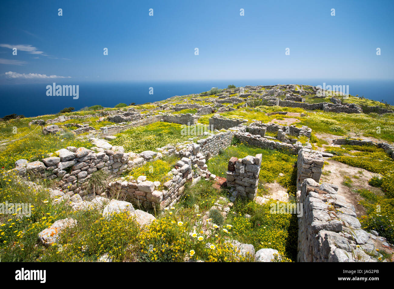 The ruins of ancient Thira, a prehistoric village at the top of the mountain Mesa Vouno, Santorini, Greece. Stock Photo