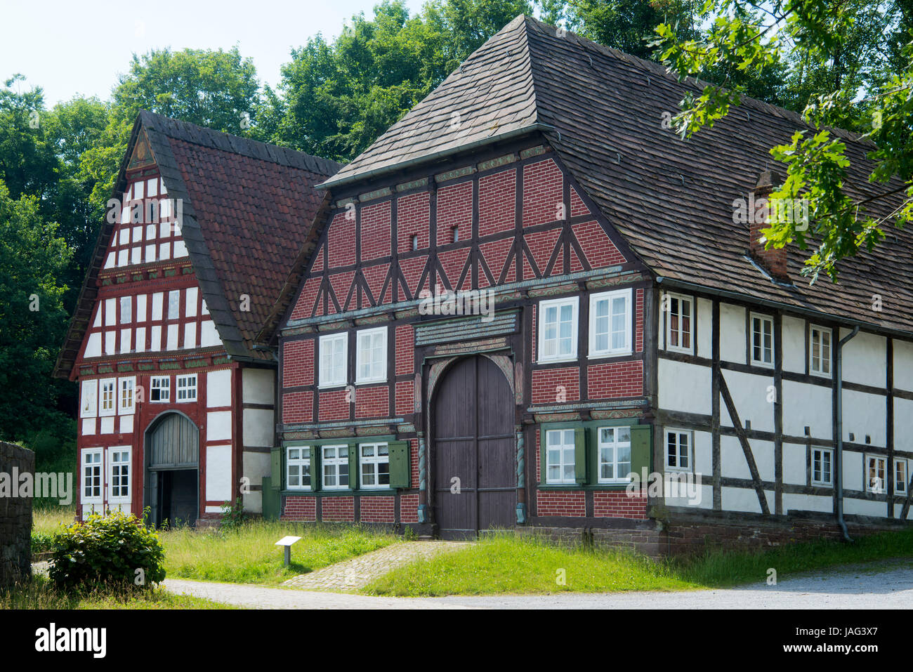 Deutschland, Nordrhein-Westfalen, Detmold, LWL-Freilichtmuseum, das größte Freilichtmuseum Deutschlands , Bauernhäuser Stock Photo