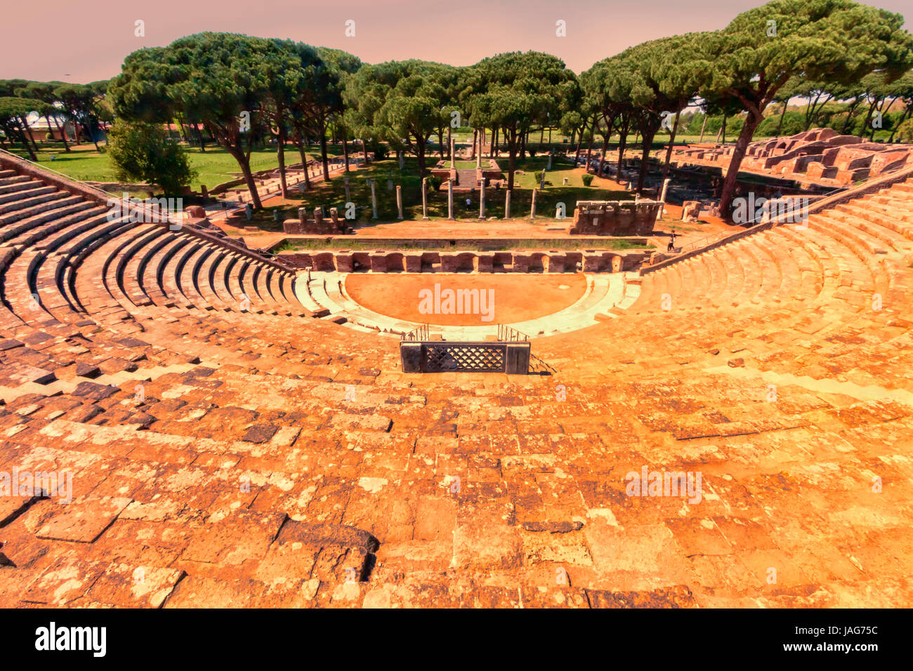 Sunset panorama of the Roman Imperial Theater in Ostia Antica Rome