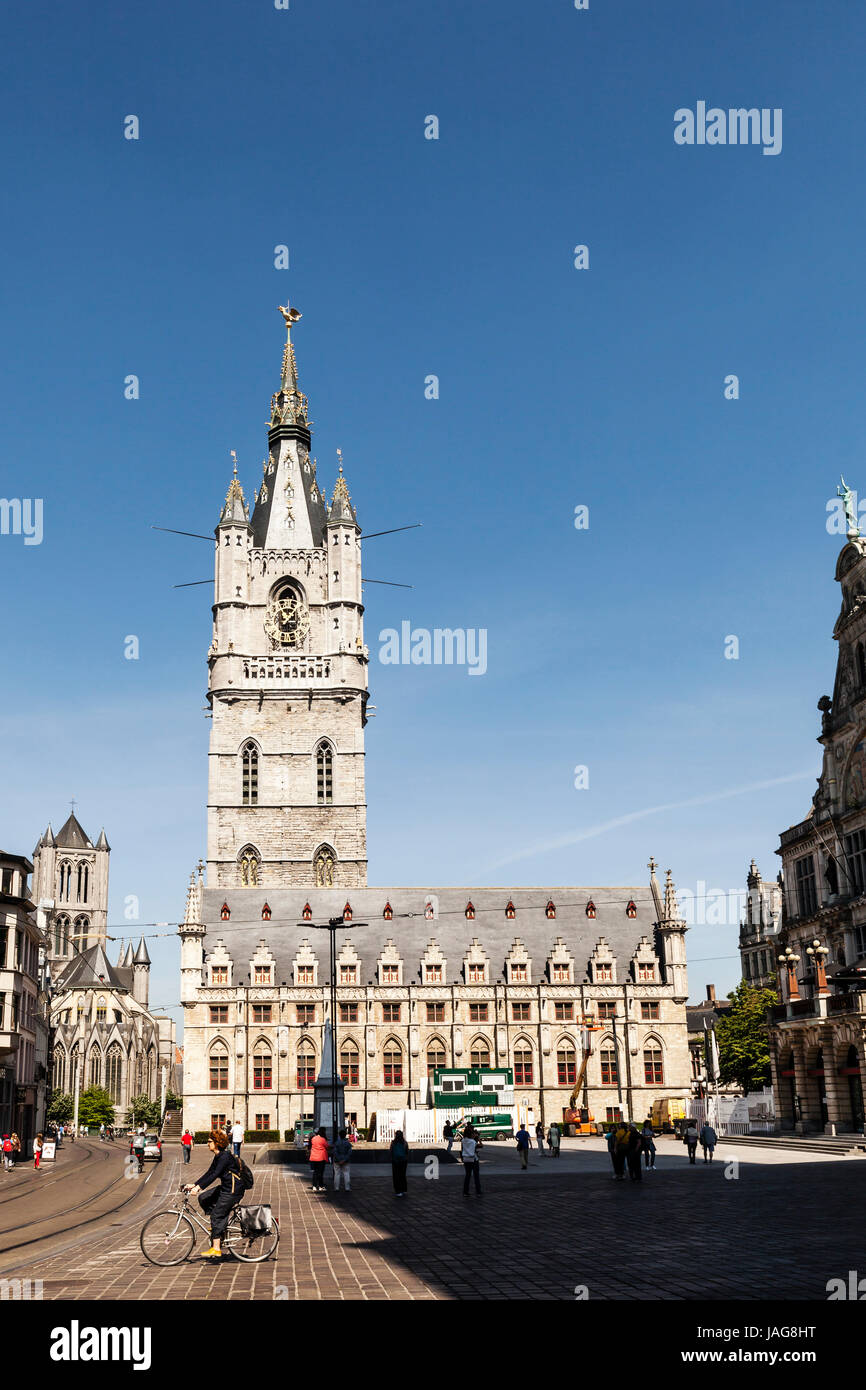 The 91 meter tall Belfry, one of the three medieval towers that overlook the old city of Ghent, Belgium. This is the largest belfry in the country Stock Photo