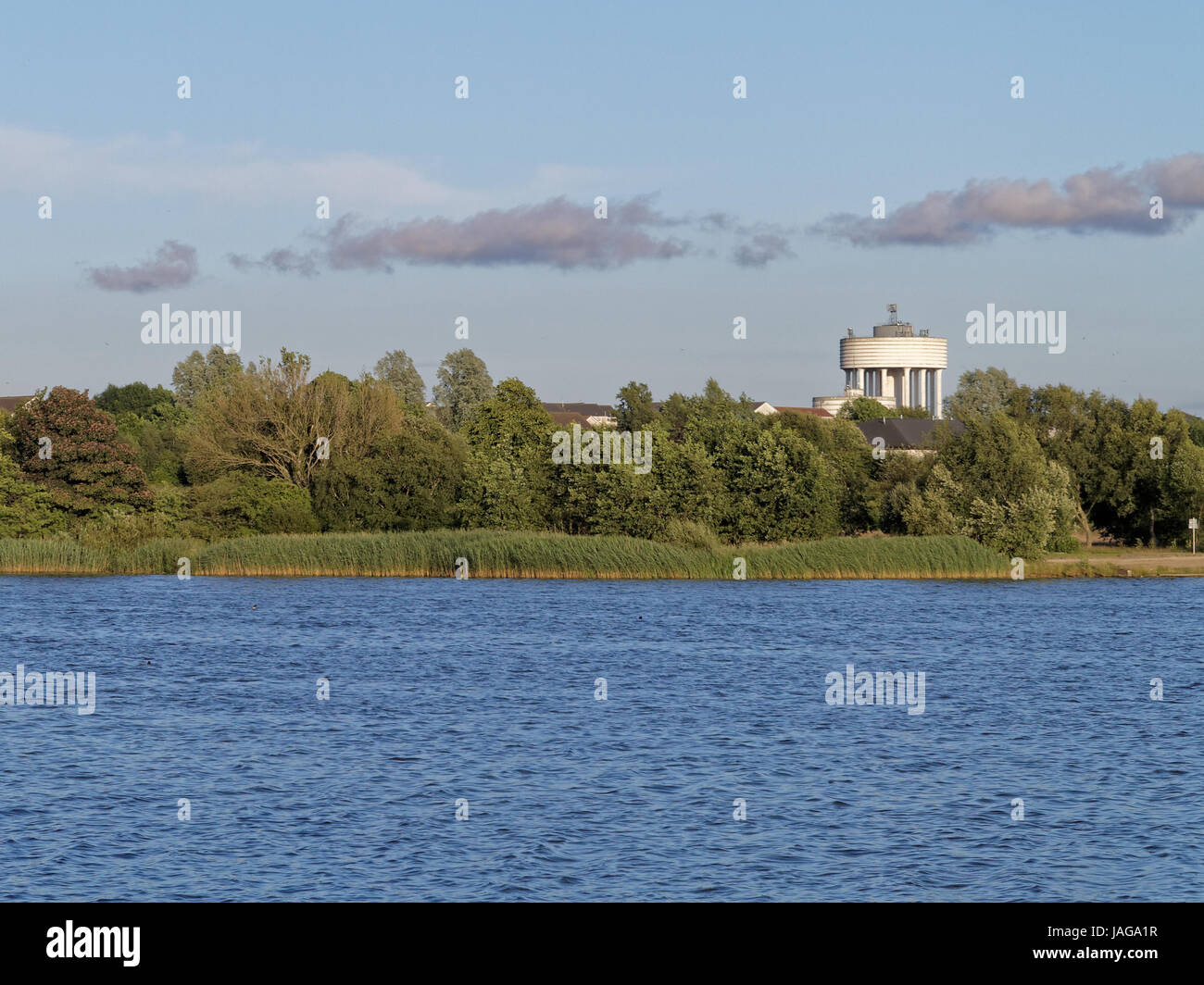 Hogganfield Loch,  with Craigend water tower in the background Glasgow Scotland UK Stock Photo
