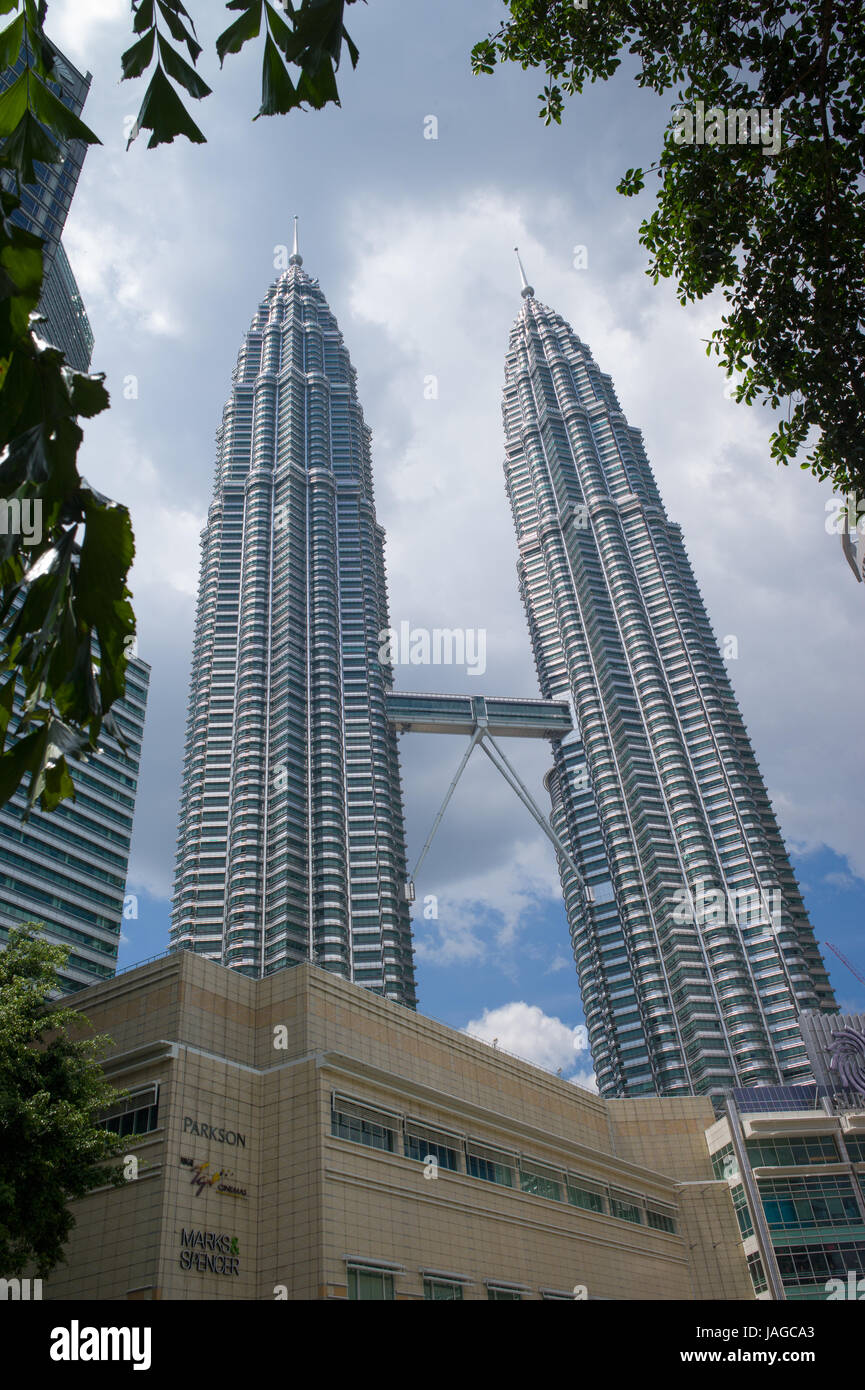 Petronas Twin Towers and skybridge ground level near KLCC shopping mall