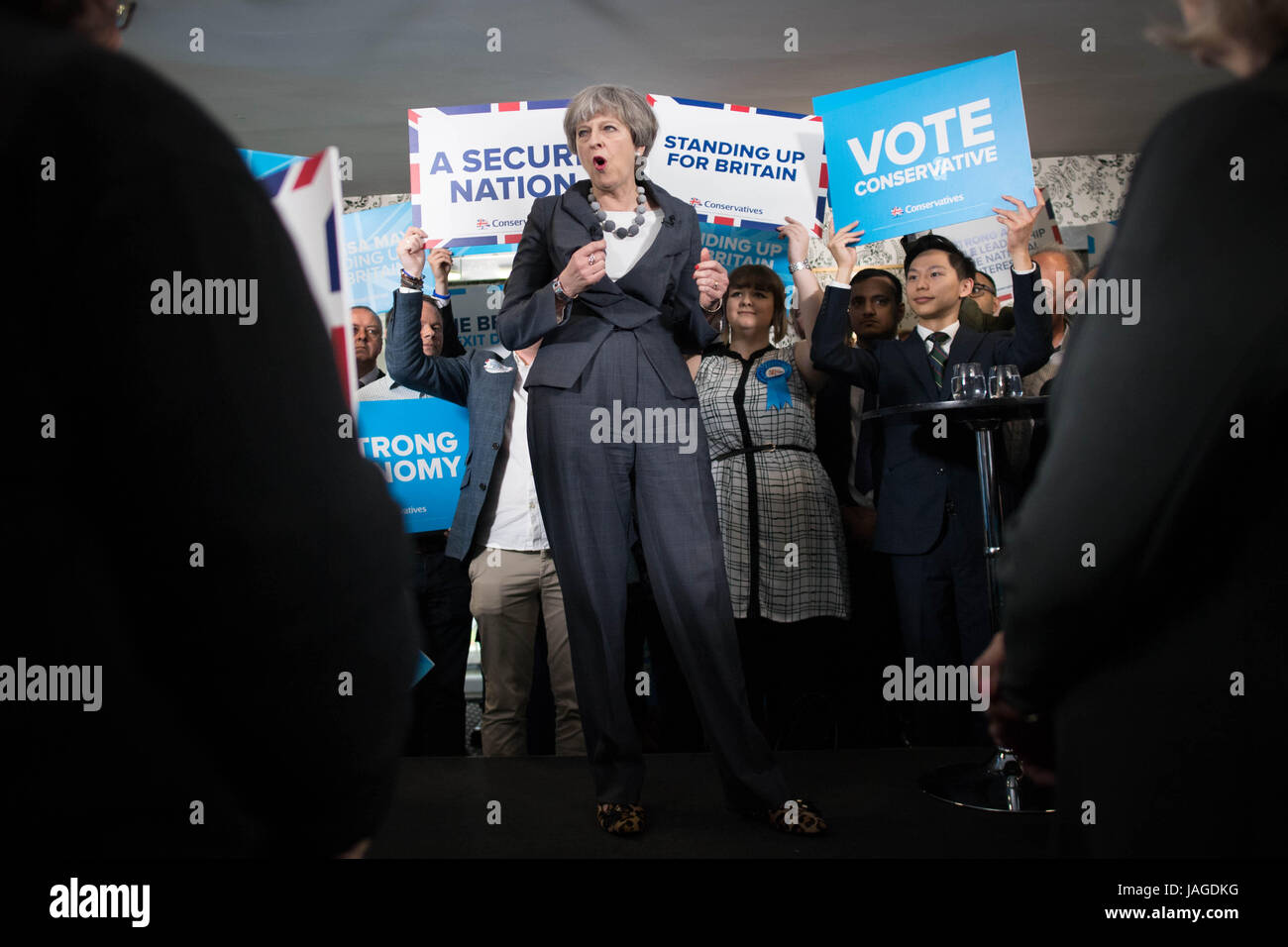 Prime Minister Theresa May makes a speech during her visit to Longton rugby club in Stoke while Prime Minister Theresa May makes a speech during her visit to Longton rugby club in Stoke while