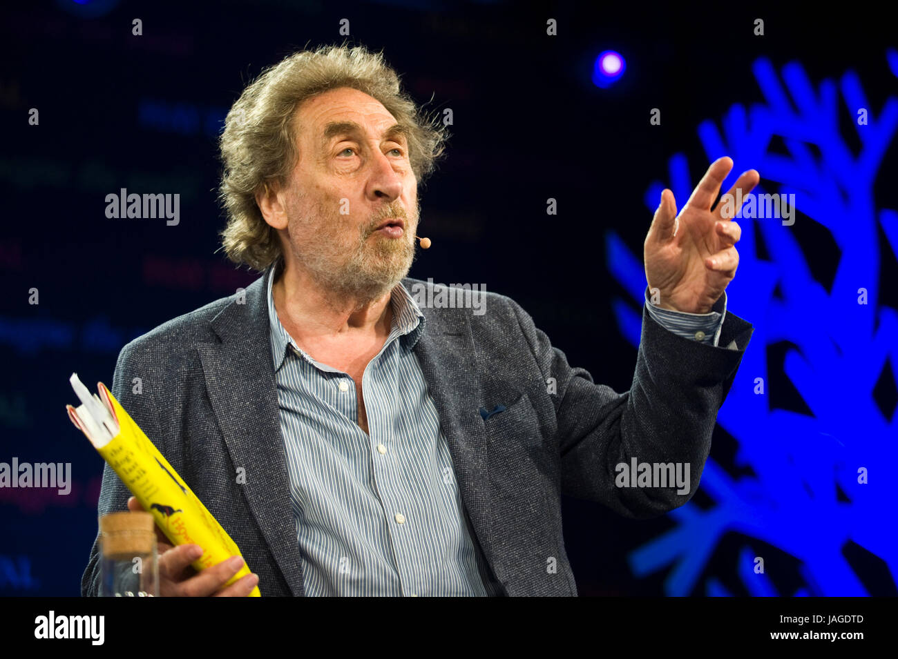 Howard Jacobson speaking about his writing on stage at Hay Festival 2017 Hay-on-Wye Powys Wales UK Stock Photo