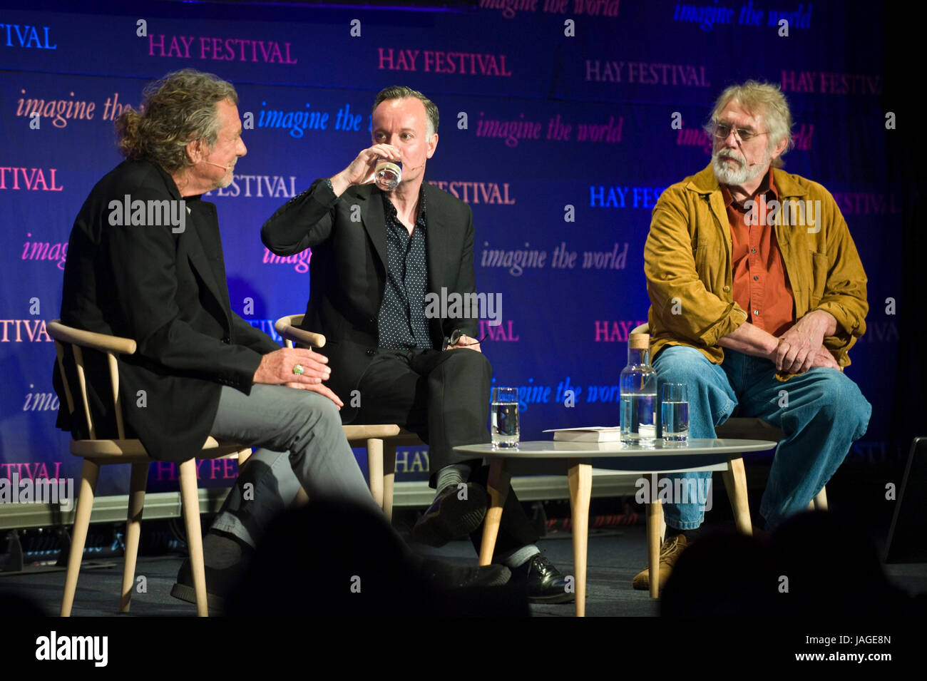 (l-r) Robert Plant, Andrew O'Hagan & Kent Nerburn speaking on stage at Hay Festival of Literature and the Arts 2017 Hay-on-Wye Powys Wales UK Stock Photo