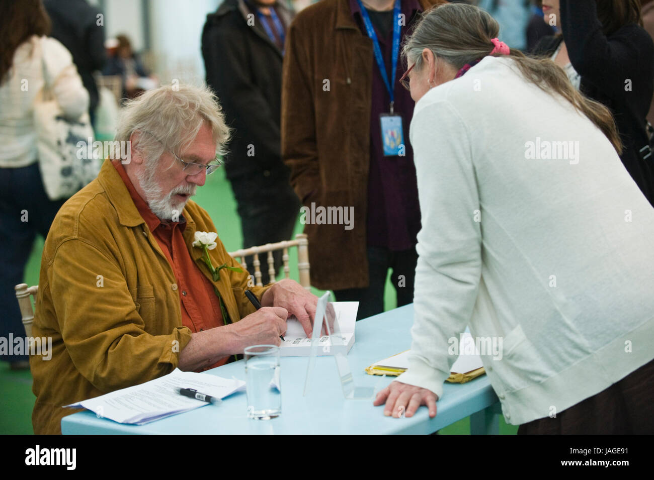 Kent Nerburn American novelist pictured book signing for fans in the bookshop at Hay Festival 2017 Hay-on-Wye Powys Wales UK Stock Photo