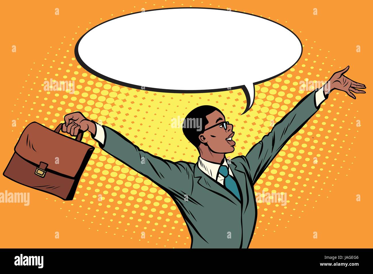 Pop art retro African businessman with briefcase hands up vector ...