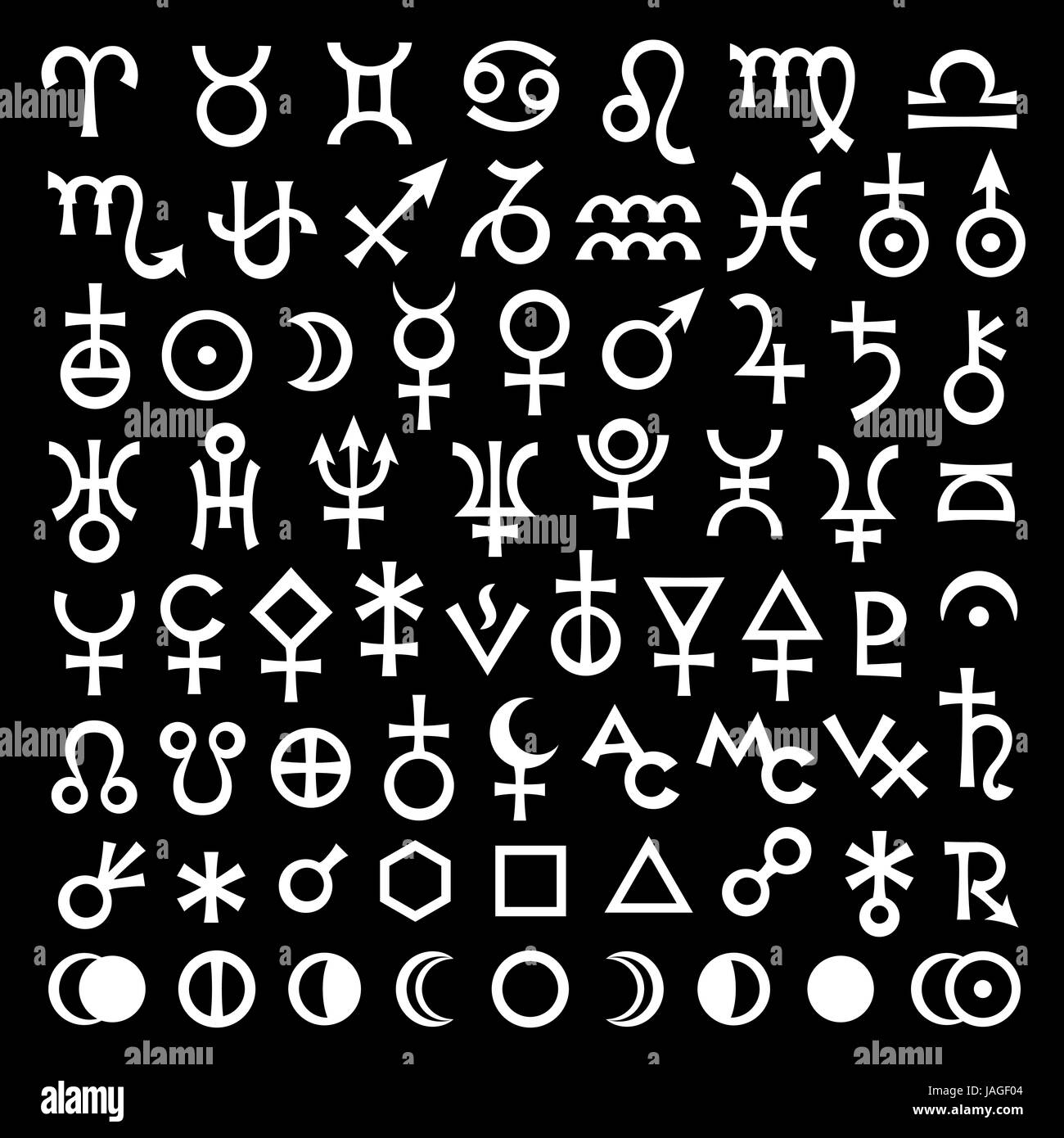 Astrological Signs of Zodiac, Planets, Asteroids, Aspects, Lunar phases, etc. (The big Black Set of Main Astrological Symbols). Stock Photo