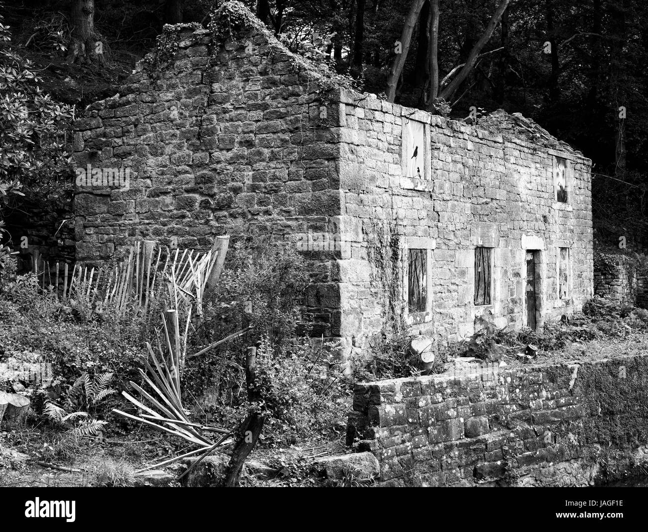 Abandoned building on Cromford Canal, Derbyshire, with painted windows Stock Photo