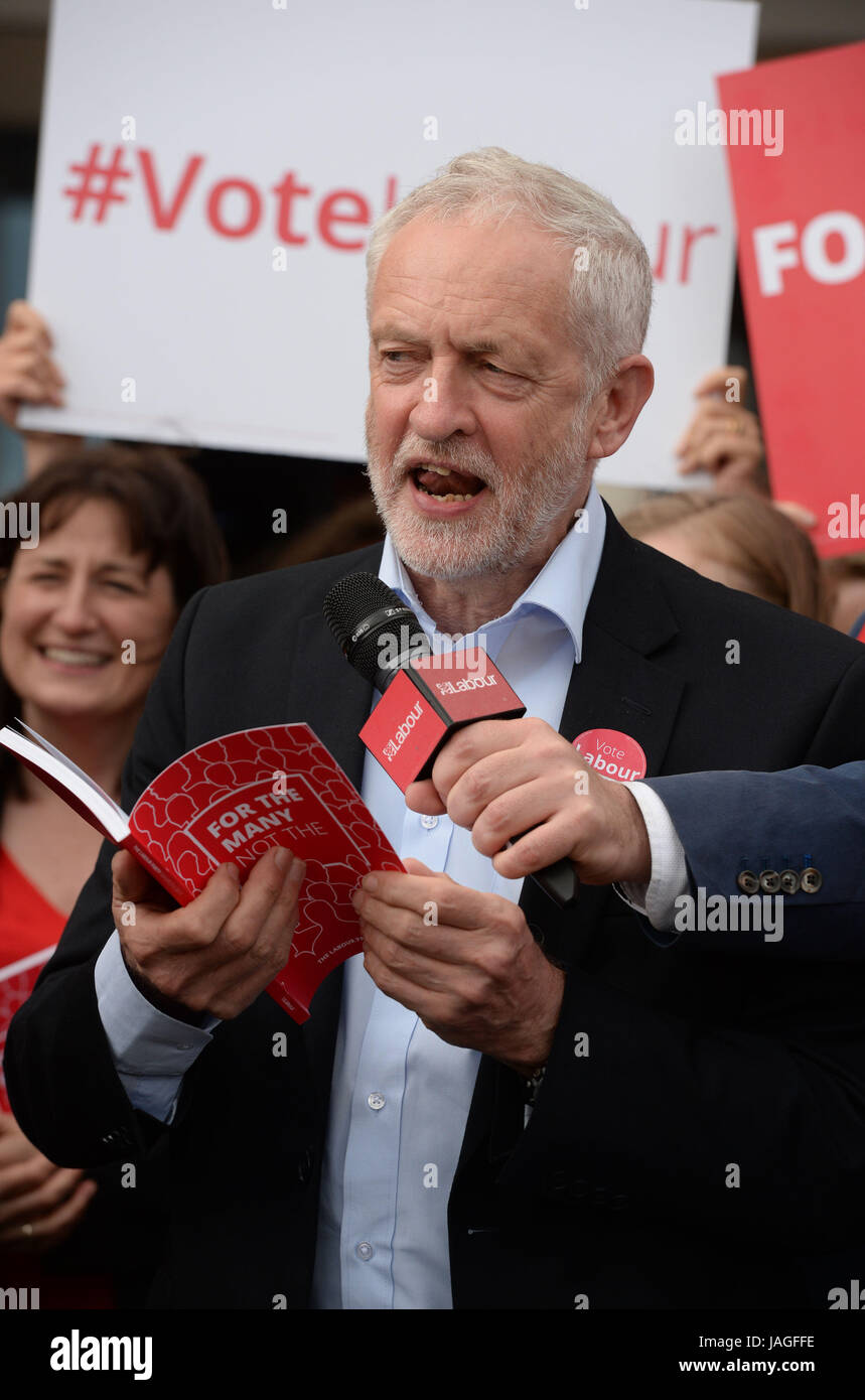 Labour leader Jeremy Corbyn gives a stump speech during General Election campaigning in Telford. Stock Photo
