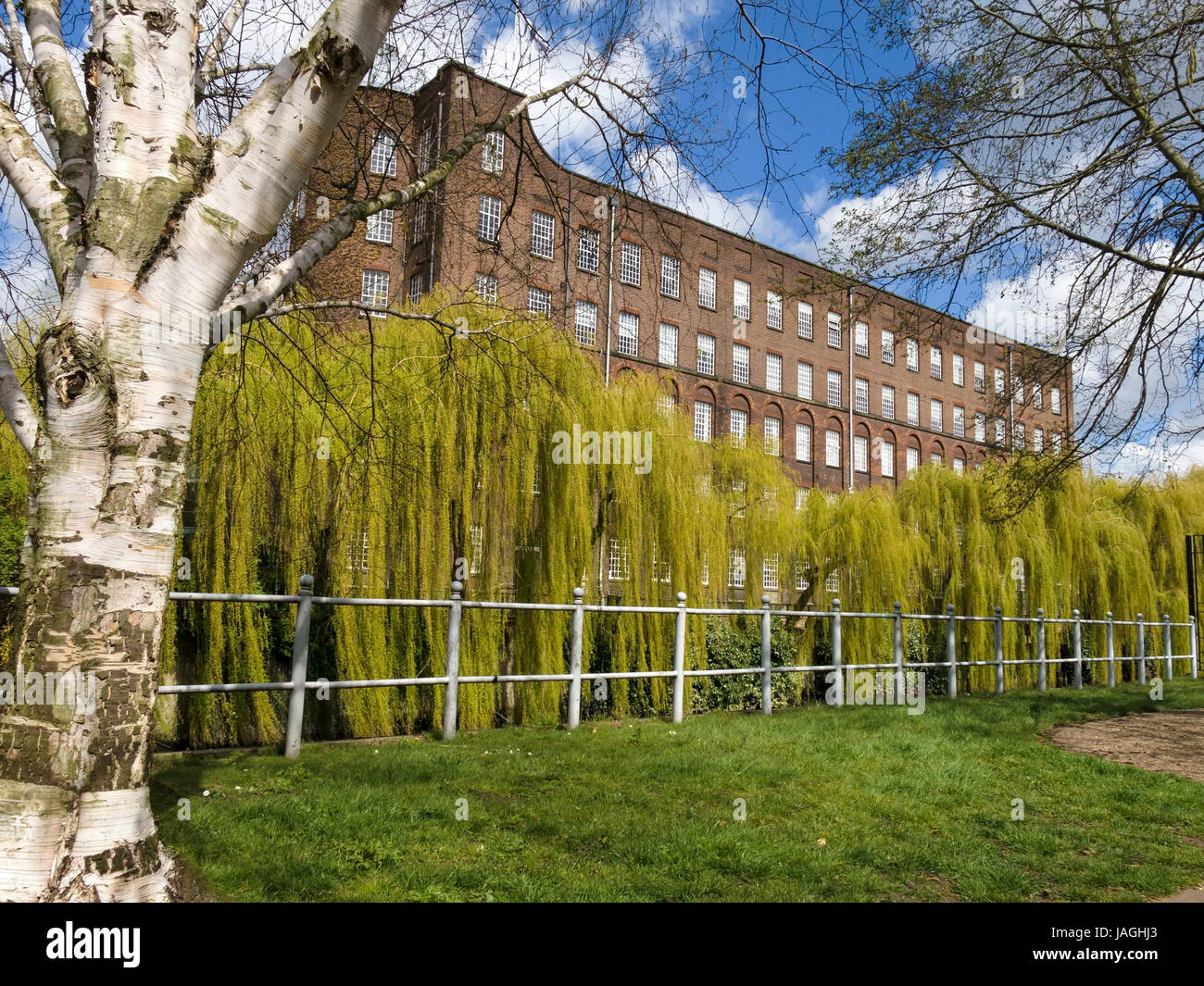 Old Grade 1 listed building of St James Mill building with weeping willow trees in front, Norwich, England, UK Stock Photo