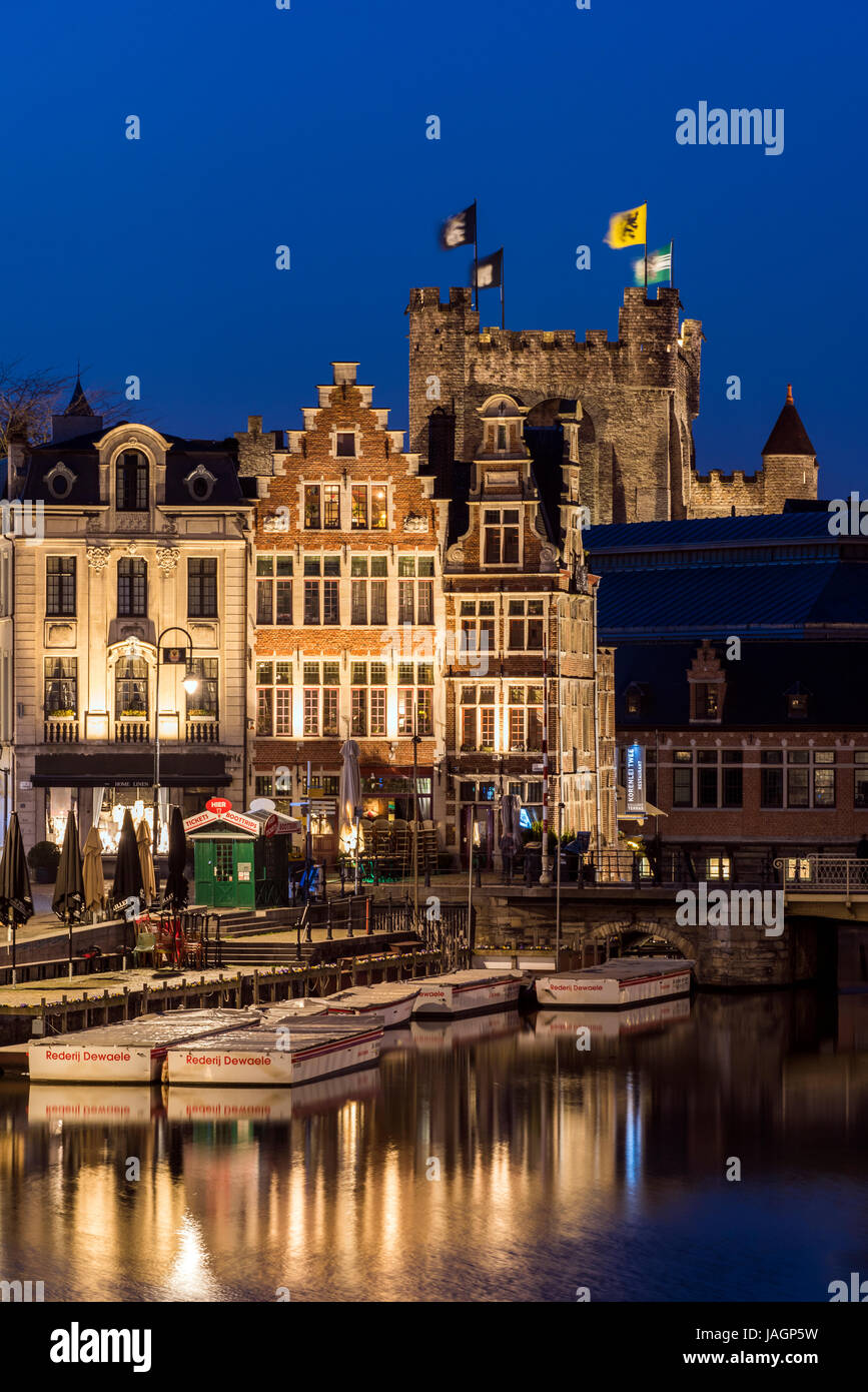 Night view of guild houses along Korenlei quay, Ghent, East Flanders, Belgium Stock Photo