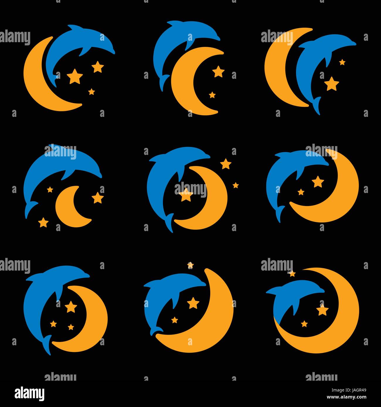 Blue dolphin, yellow moon and starry sky logo set on black background. Children night light, sleep vector illustrtion Stock Vector