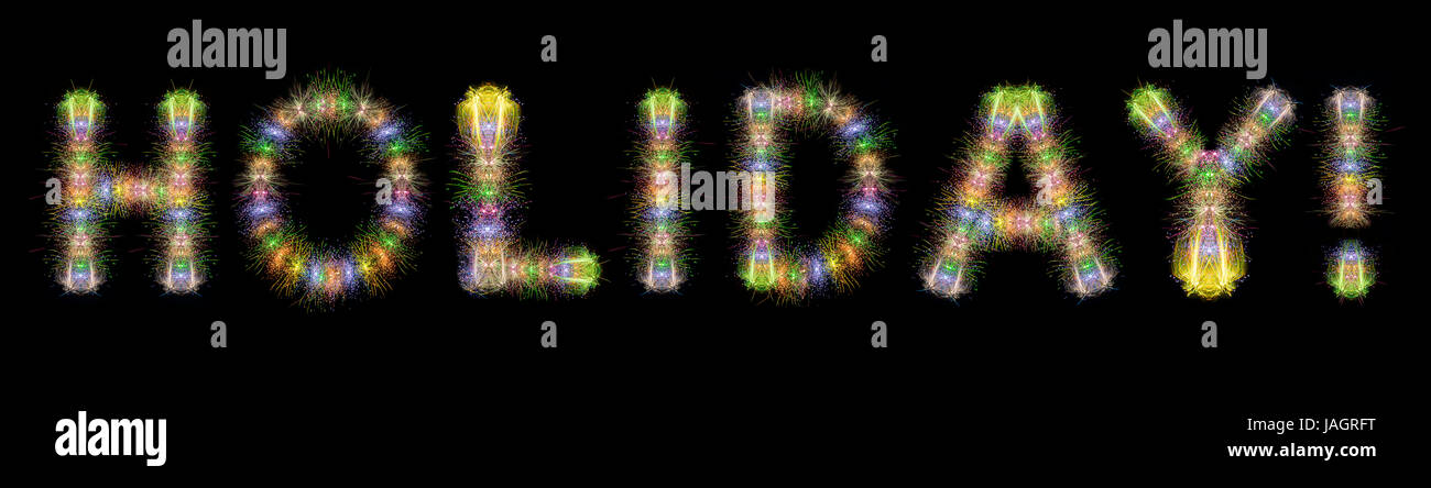 Holiday text written with Colorful Sparkling Fireworks over black sky / background Stock Photo