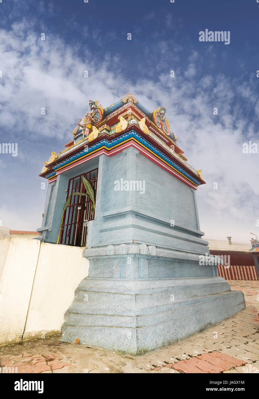 Architecture of a South Indian Temple 'Kuzhanthai Velappar' at village Poombarai. The temple has three thousand years of history and was consecrated b Stock Photo