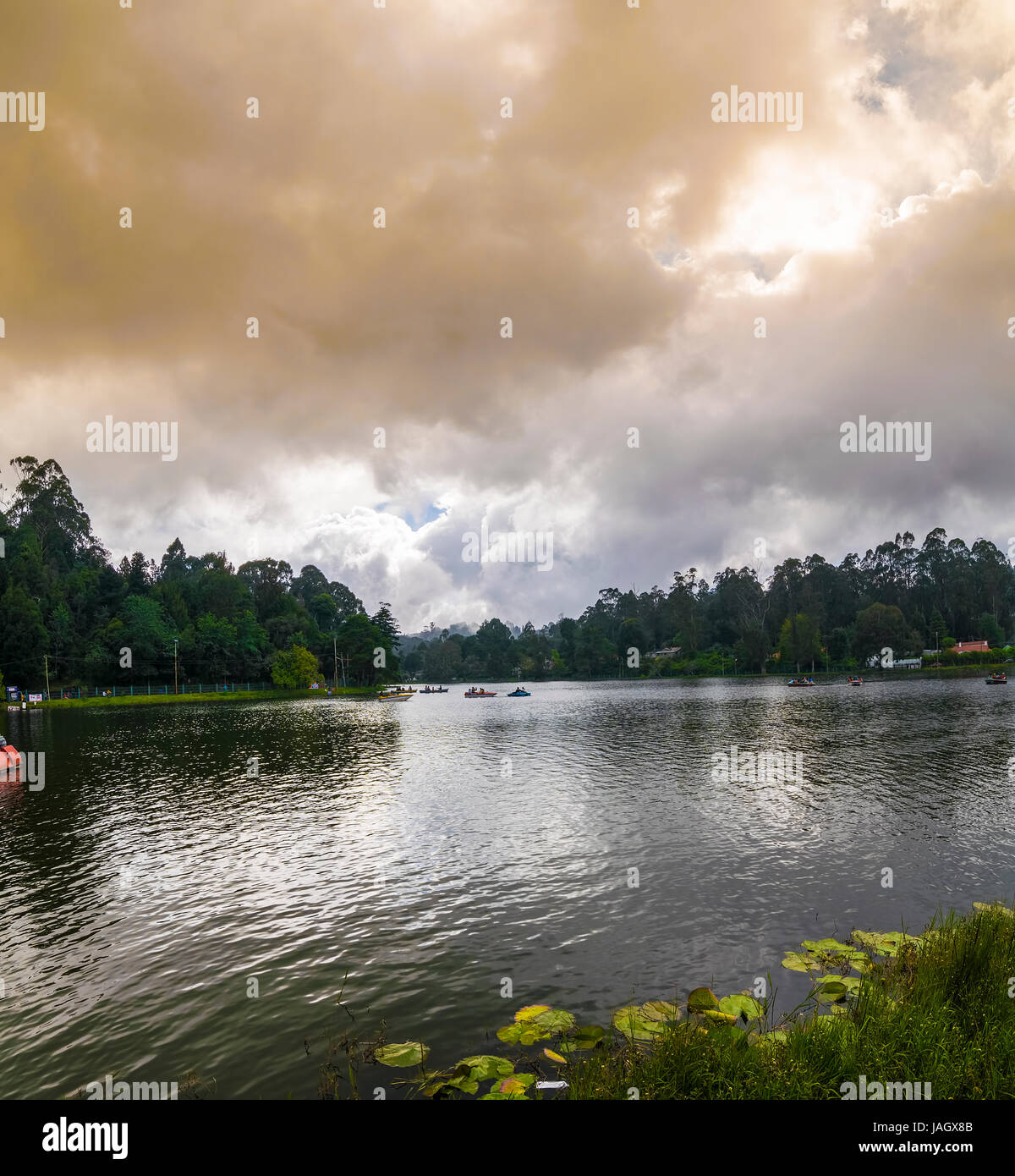 The star shaped Kodaikanal Lake, also known as Kodai Lake is located in the Kodaikanal city in Dindigul district in Tamil Nadu, India. The lake is sur Stock Photo