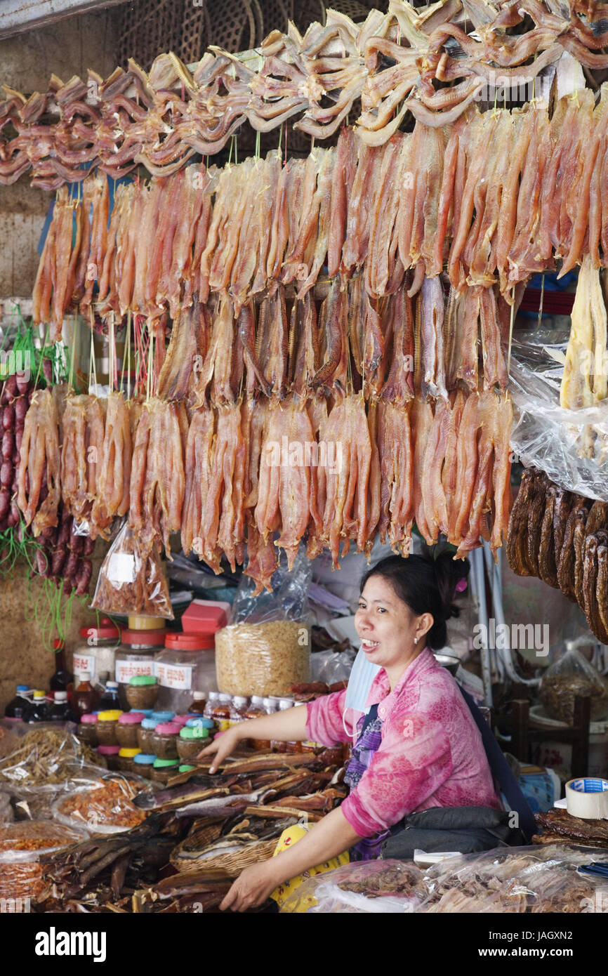Cambodia,Siem Reap,Old Market,market stall,dry meat,shop assistant, Stock Photo