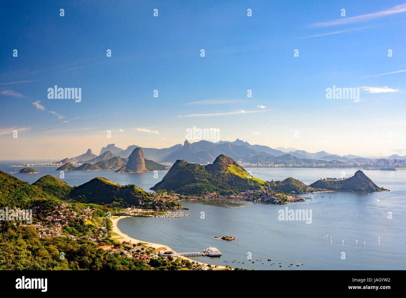 View of Guanabara Bay, Sugar Loaf and hills of Rio de Janeiro from the City Park in Niteroi Stock Photo