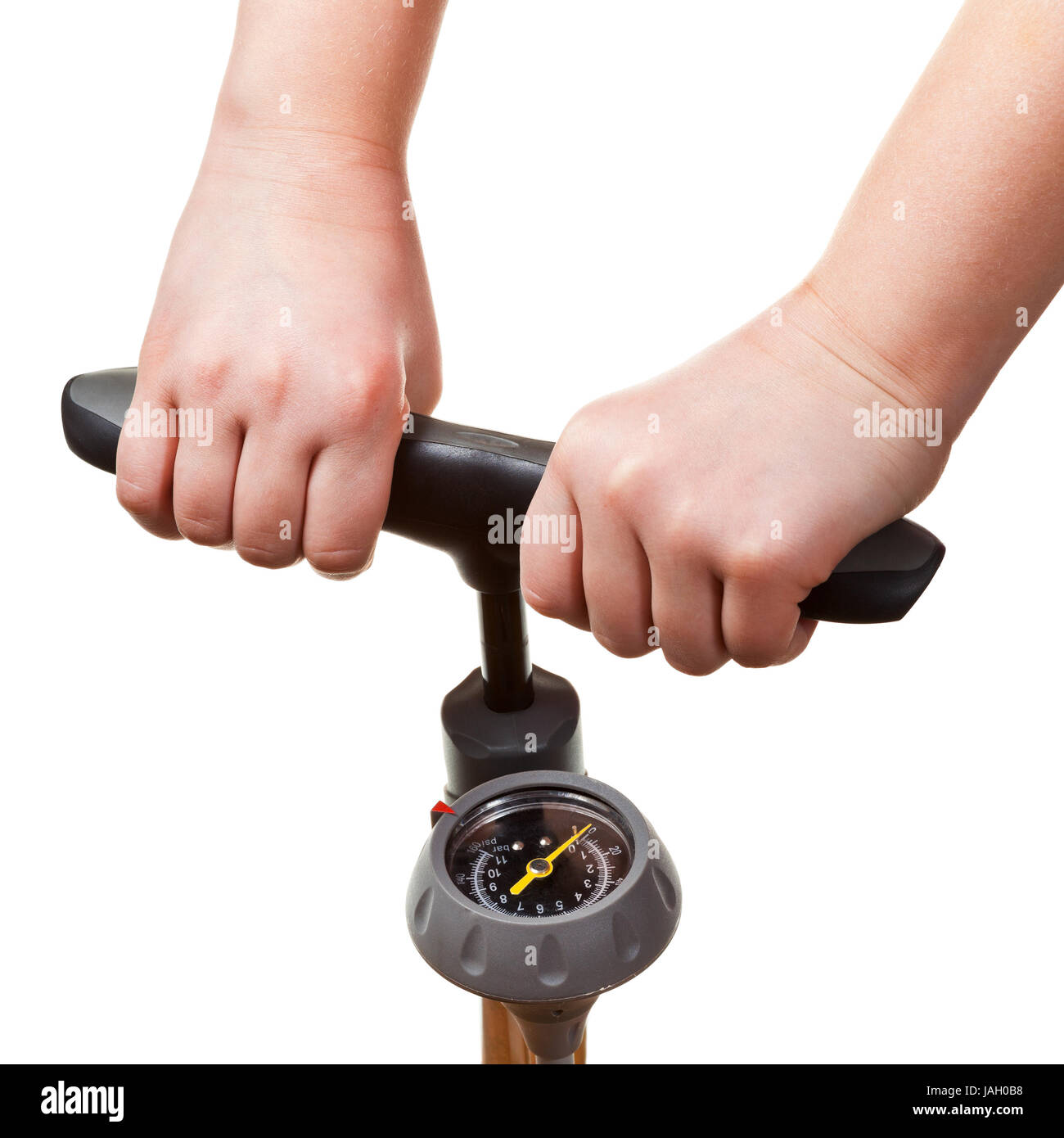 pumping by manual air pump with pressure indicator isolated on white