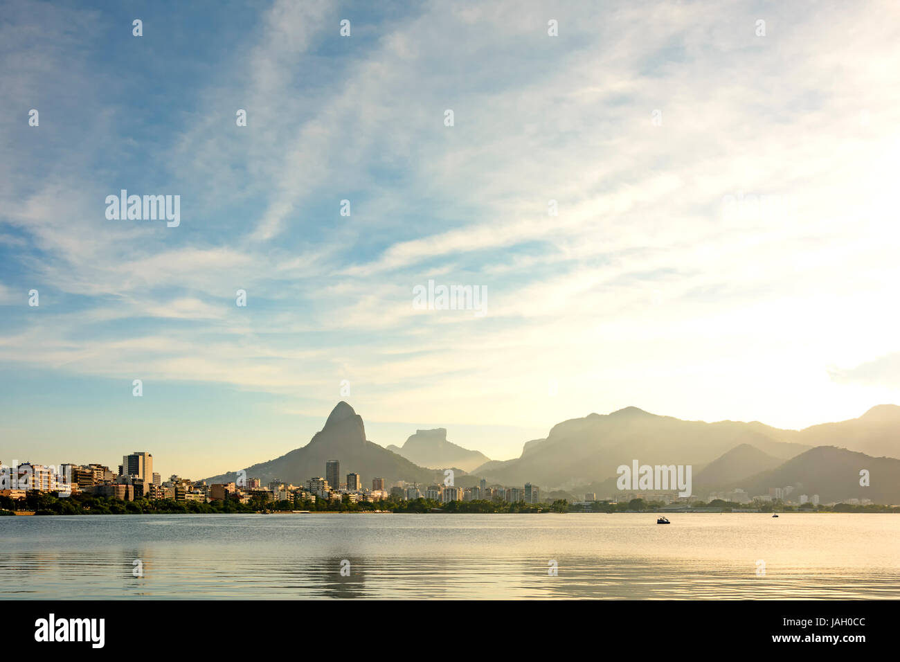Famous landscape of Rio de Janeiro with the Rodrigo de Freitas Lagoon, Two Brothers Hill and Stone Gavea Stock Photo