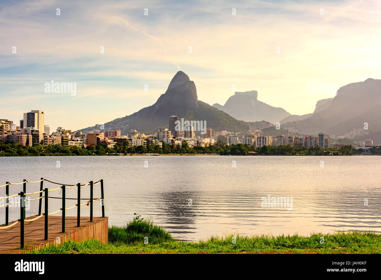Famous landscape of Rio de Janeiro with the Rodrigo de Freitas Lagoon, Two Brothers Hill and Stone Gavea Stock Photo