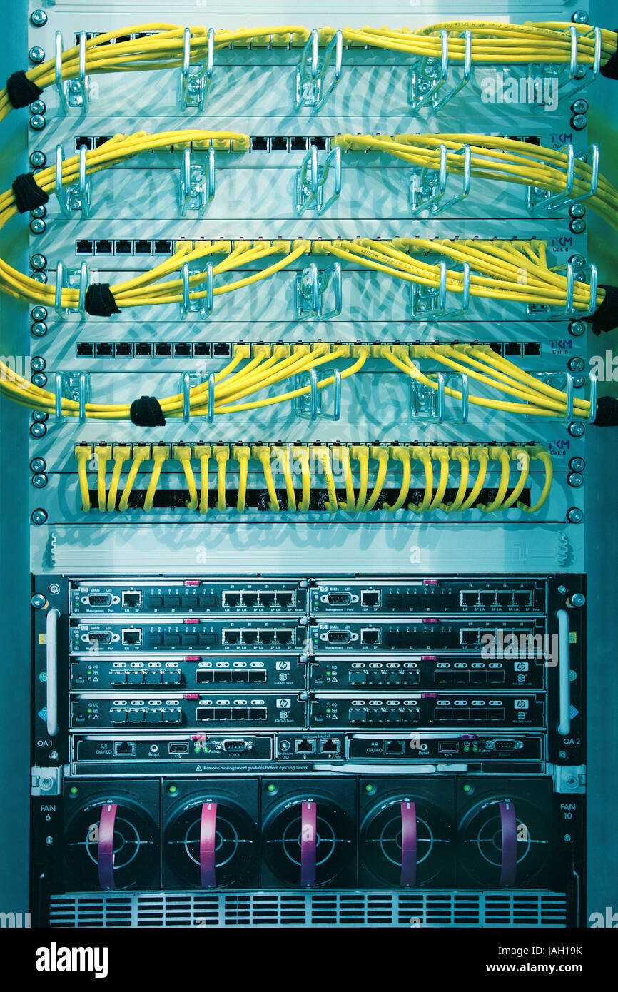 Computer network,cable and Switches in a panel Stock Photo Alamy