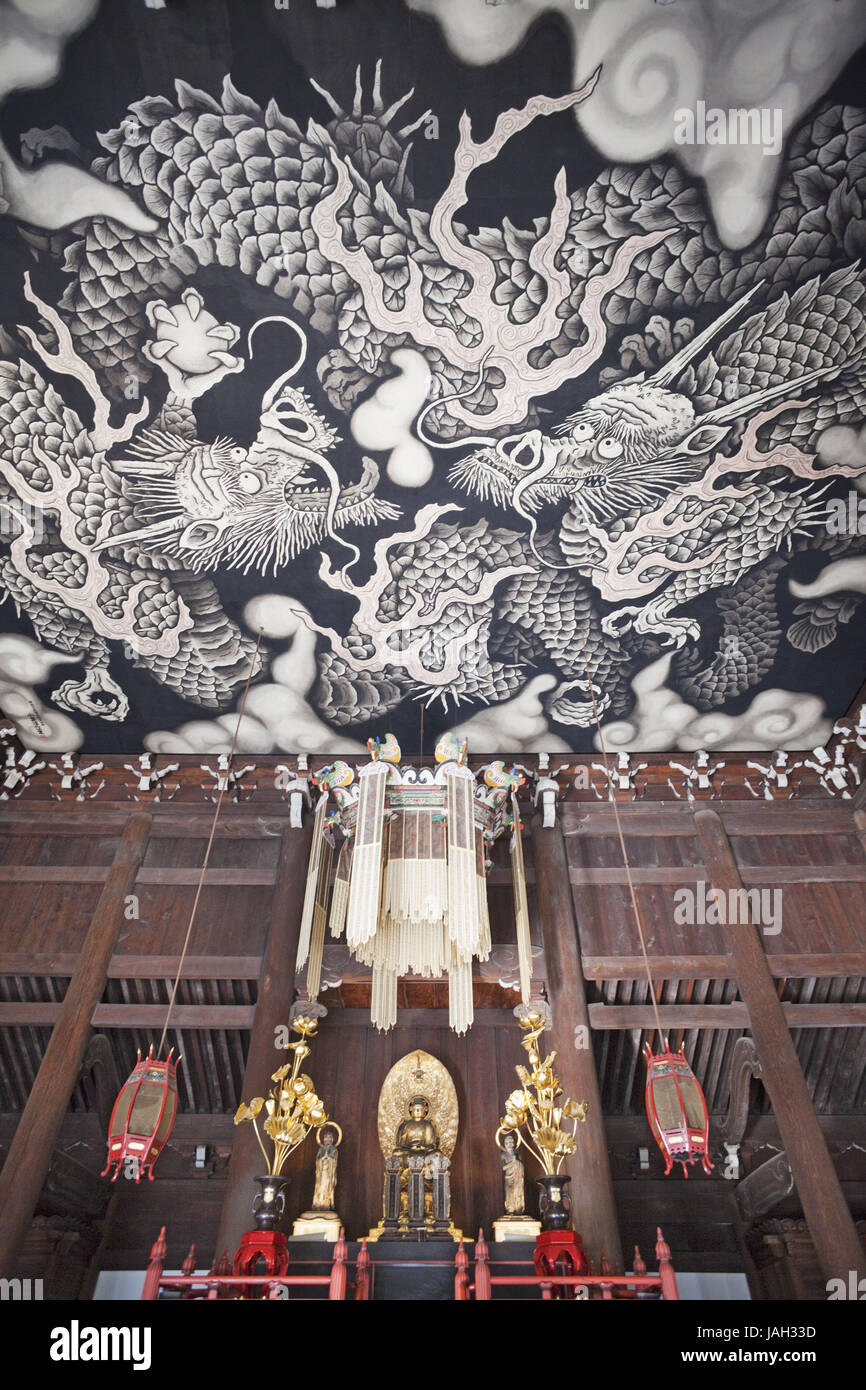 Japan,Kyoto,Kennin-ji Zen temple,Hatto or dharma Halle,interior shot,grace note,ceiling fresco,twin's dragon,painter Koizumi Junsaku, Stock Photo