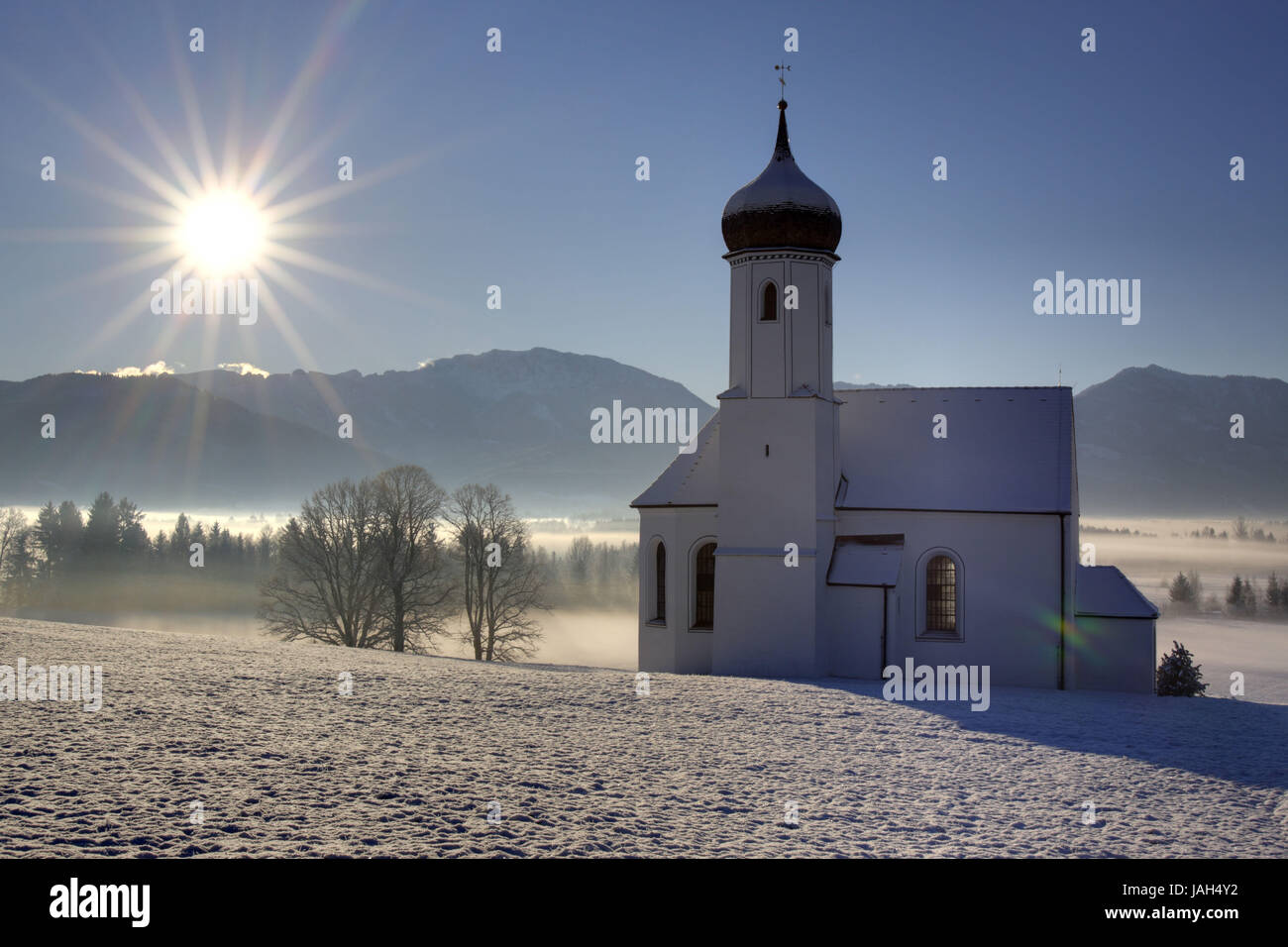 Germany,Bavaria,Upper Bavaria,Tölzer country,church,Saint Johannisrain,mountain Penz,Benediktenwand,Bavarian Voralpen, Stock Photo