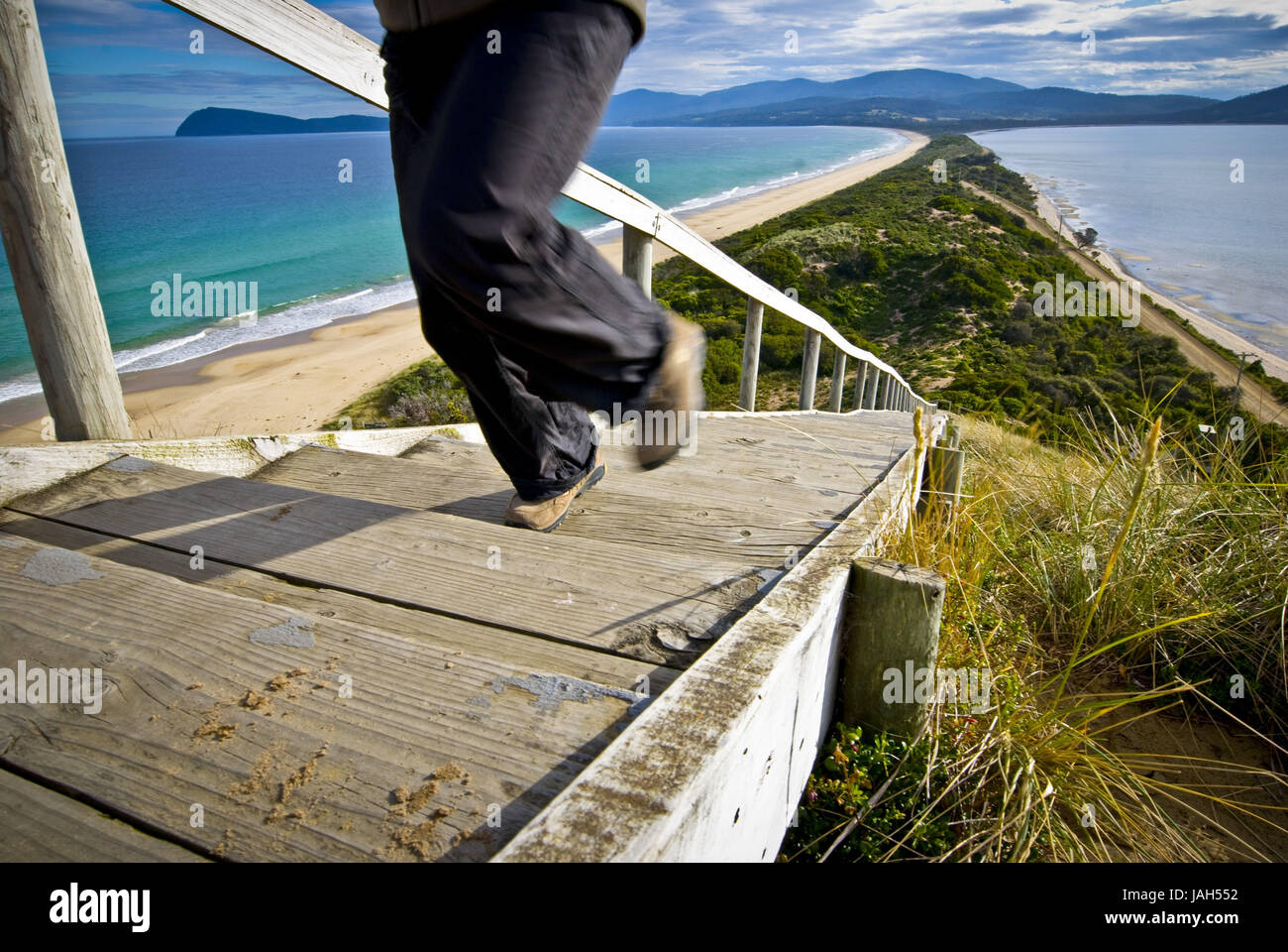 Australia,Tasmania,Bruny Iceland,bay bar,'the tease',North Bruny,South Bruny,stairs,person, Stock Photo