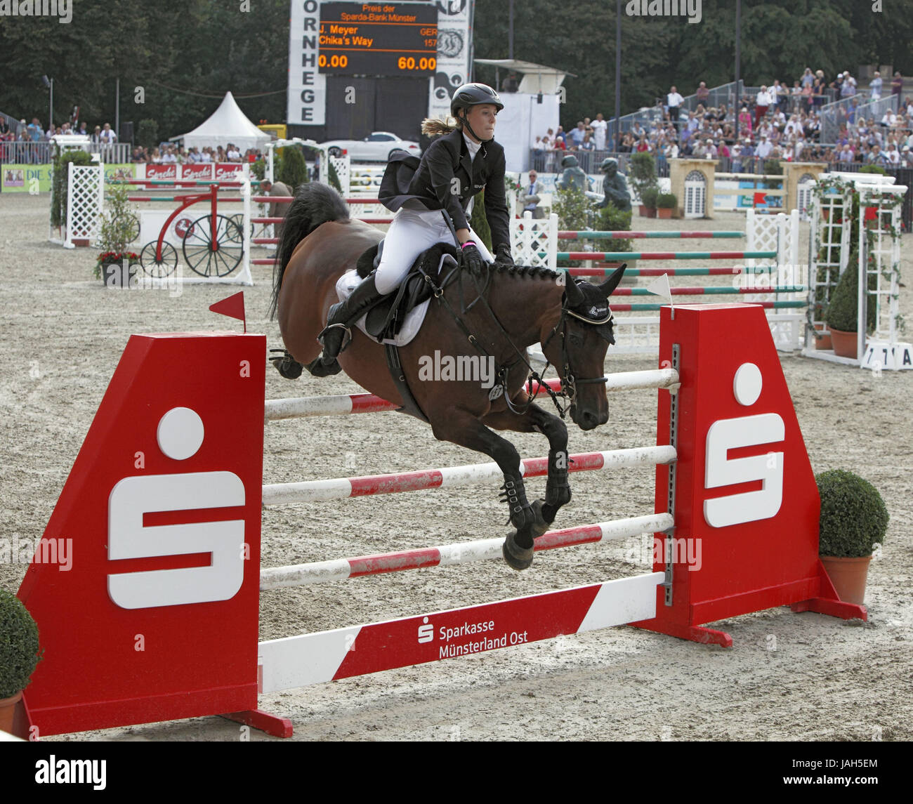 Horse-racing,German championships jumping and training in 2010 in Münster,Springreiterinnen,Janne-Friederike Meyer on Chikas Way,3rd square,bronze medal, Stock Photo