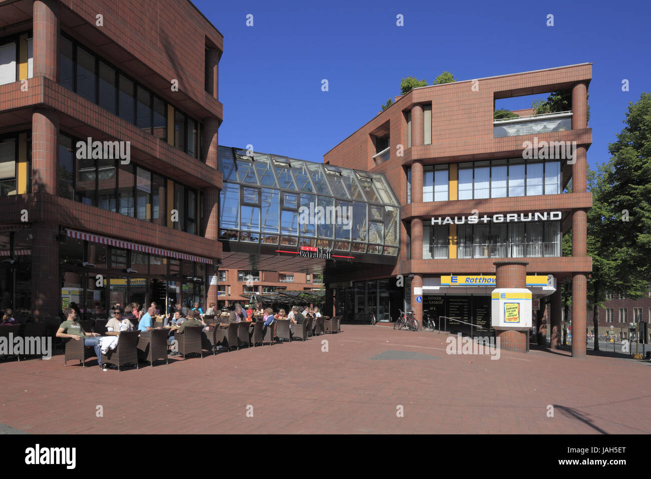 Germany,North Rhine-Westphalia,Westphalia,cathedral country,cathedral,Aegidiimarkt,office building,pedestrian area,crossing,passage,person in the street cafe, Stock Photo