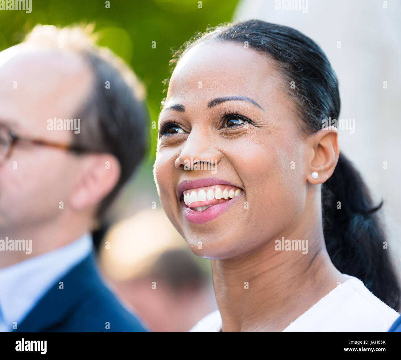 VISBY, SWEDEN. 8th July, 2016.  Swedens minister of culture Alice Bah Kuhnke during a speech in Almedalen. Frilansfotograferna/Peter Lilja Stock Photo