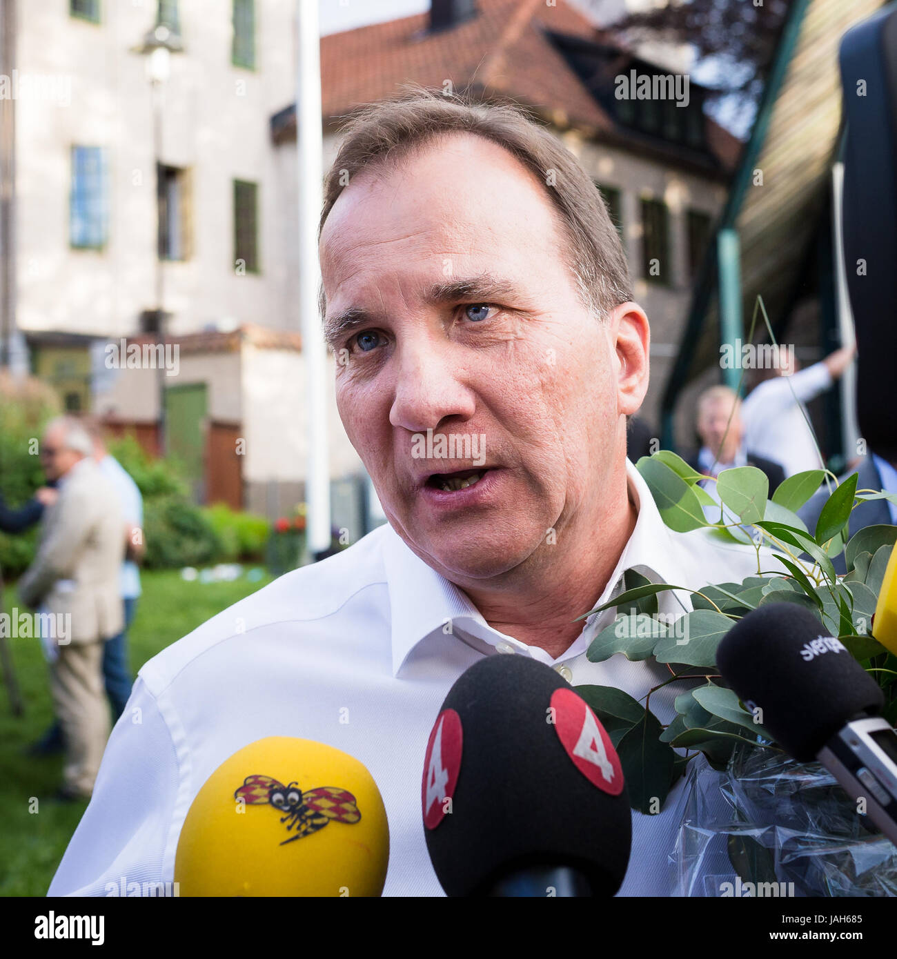 VISBY, SWEDEN. 5th July, 2016.  Sweden prime minister Stefan Löfven being interviewed after his speech in Almedalen. Stock Photo