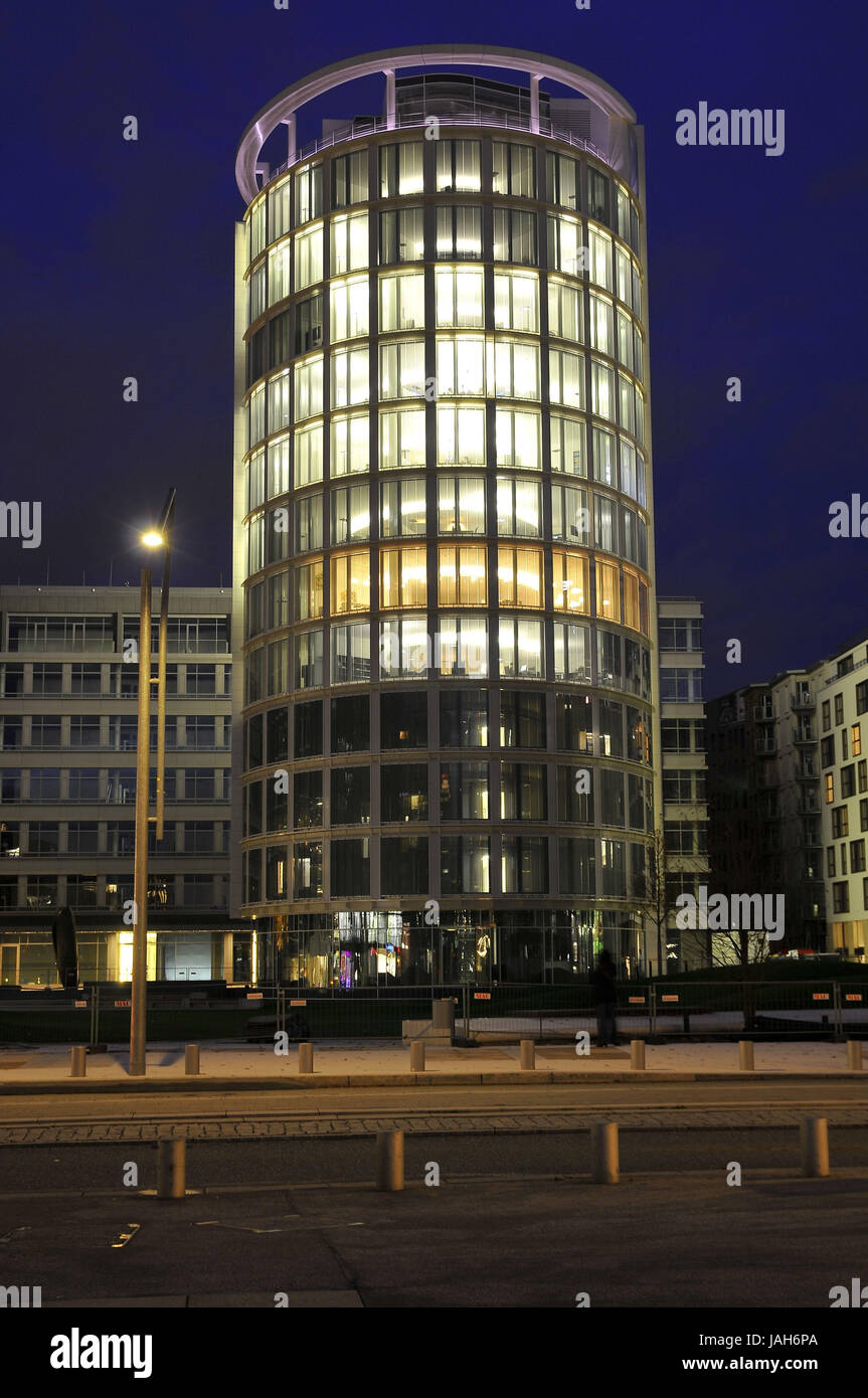 Germany,Hamburg,harbour city,Sand's goal park,Hamburg-Amerika-Center,high rise,architecture,architectural style,around,rotunda,lighting,evening, Stock Photo