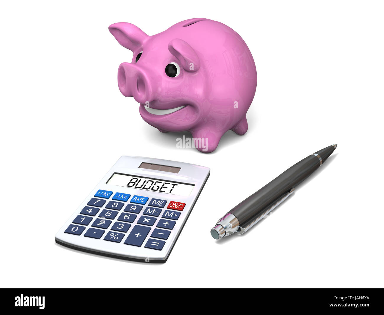 Happy pink piggy bank with pen and calculator, concept of budgeting ...