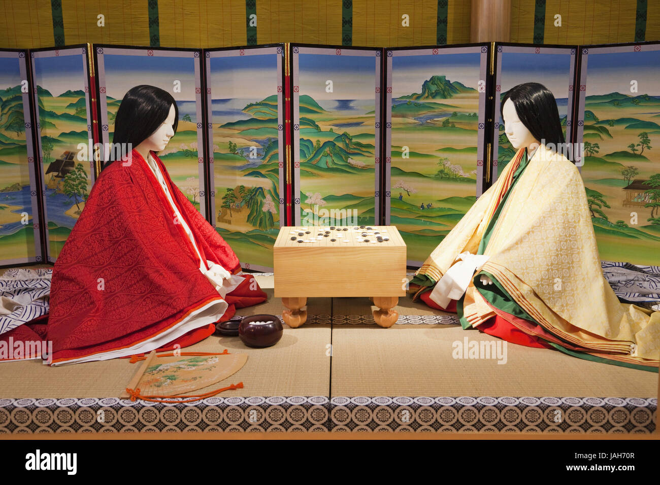 Japan,Kyoto,Uji,to valley of Genji museum,Genji Monogatari,inside,exhibit,characters,courtesans,Go game, Stock Photo