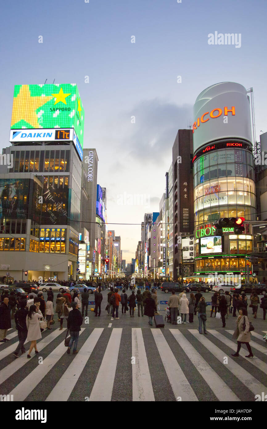 Japan,Tokyo,Ginza Chuo,street scene,pedestrian,zebra crossing,dusk, Stock Photo
