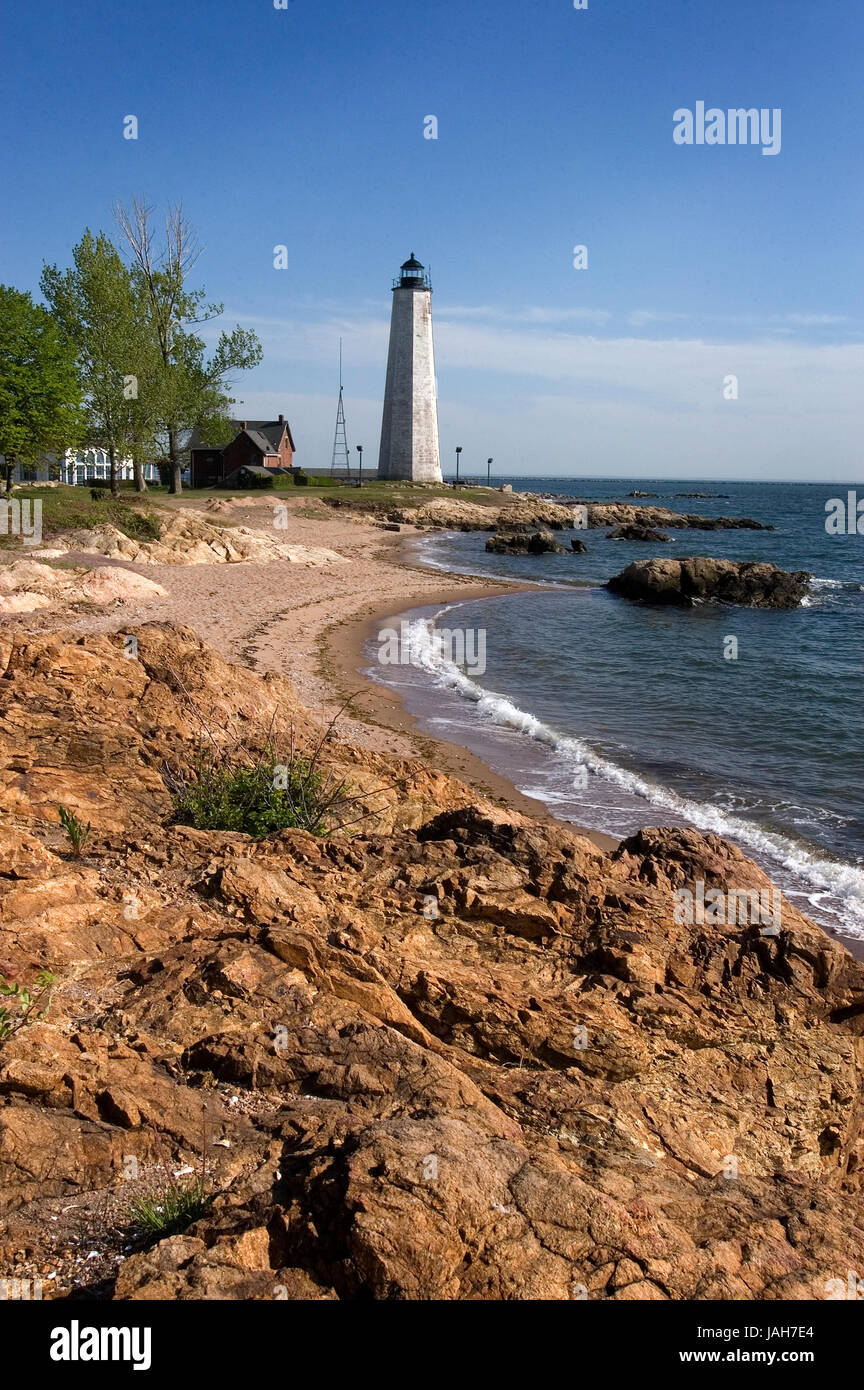 The lighthouse and Lighthouse Poiint Park - New Haven, Connecticut, US Stock Photo