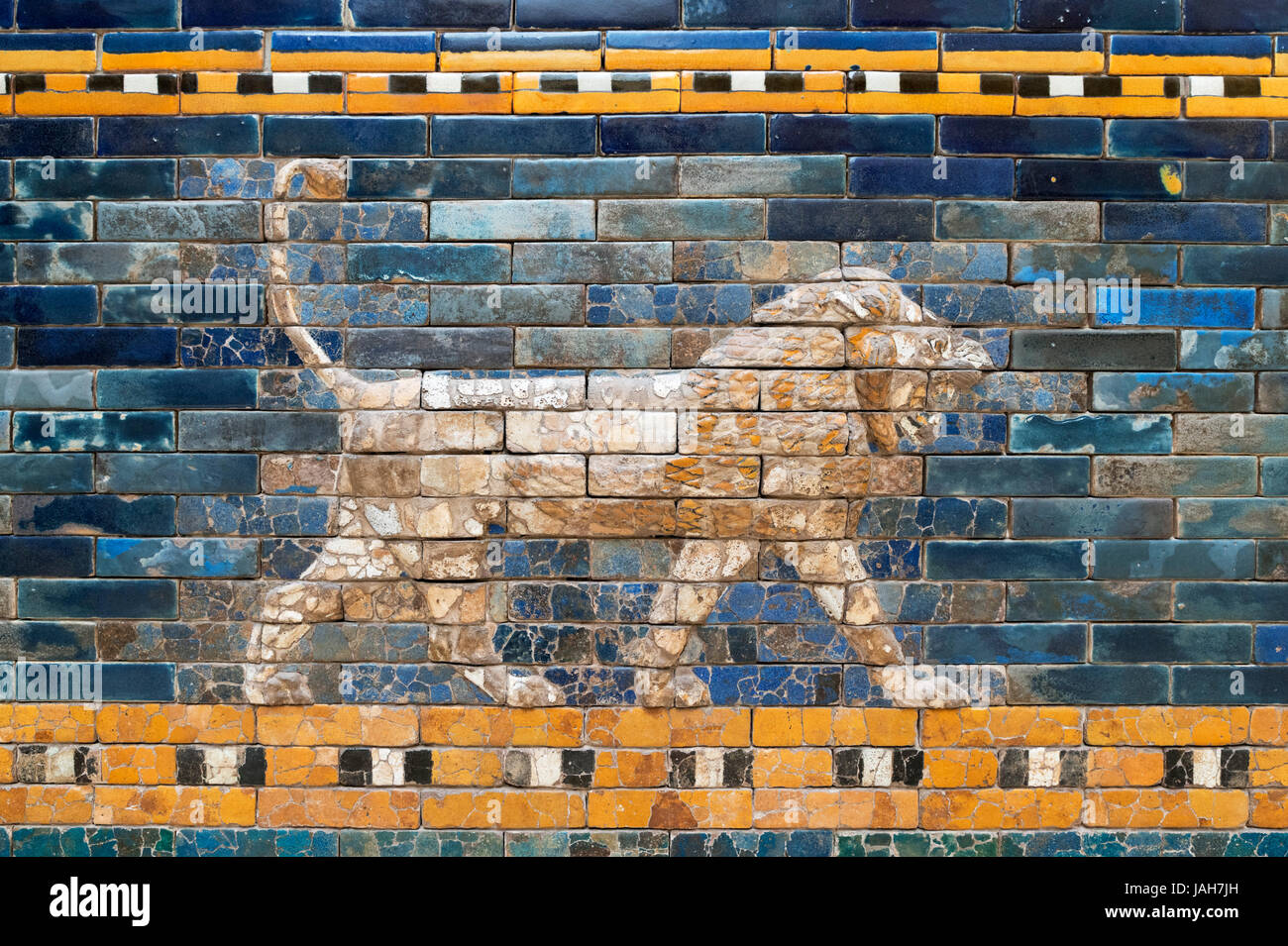 Lion mosaic of coloured glazed bricks on the Procession Street of Babylon (reconstruction) , c.604-562 BC, Pergamon Museum, Berlin, Germany Stock Photo