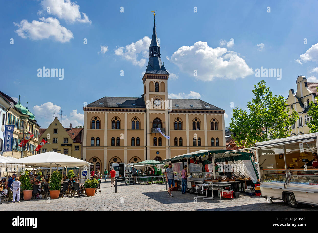 Town hall, weekly market, Lower Main Square, Pfaffenhofen, Hallertau, Upper Bavaria, Bavaria, Germany Stock Photo