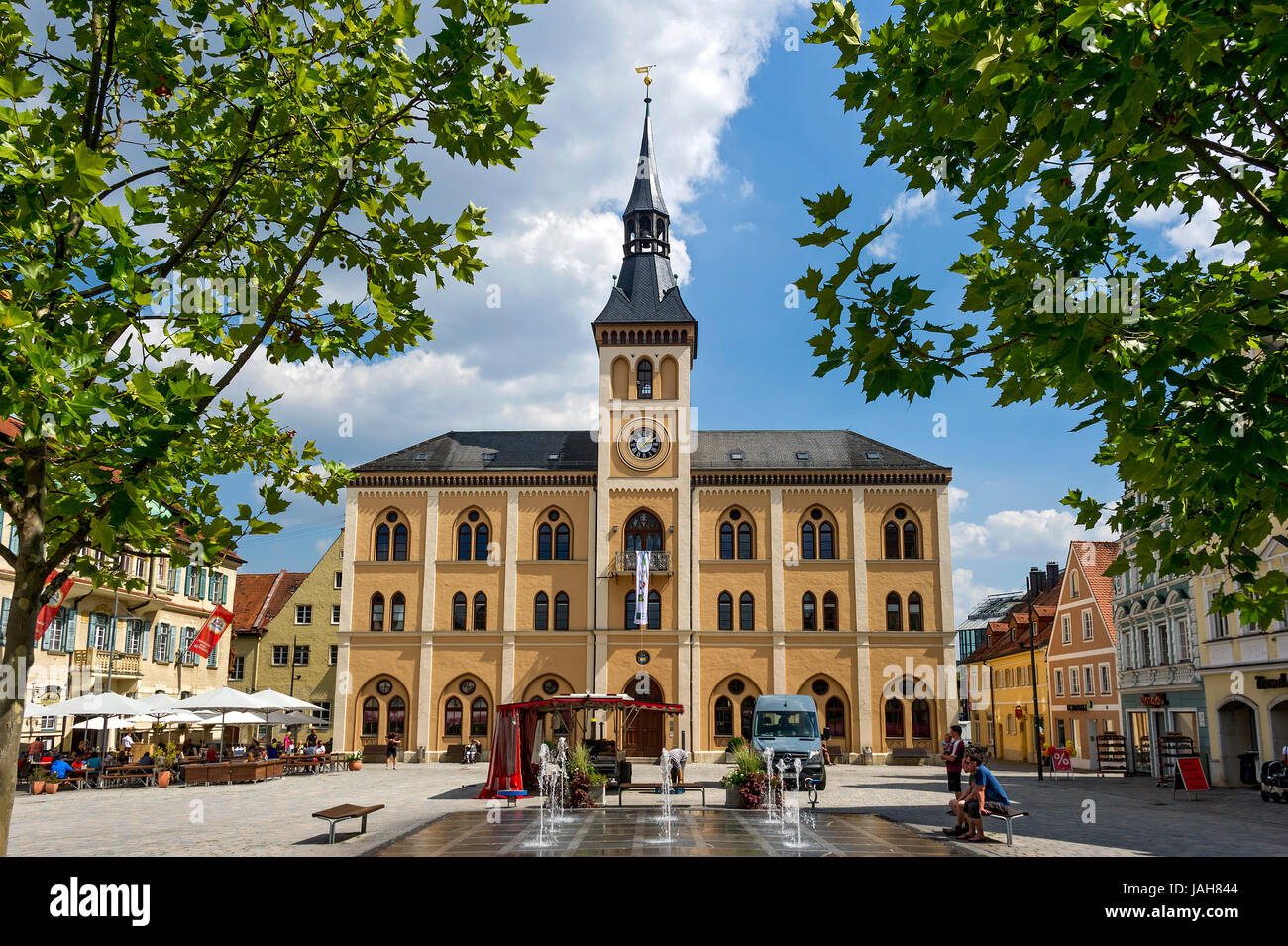 Town hall, weekly market, Lower Main Square, Pfaffenhofen, Hallertau, Upper Bavaria, Bavaria, Germany Stock Photo