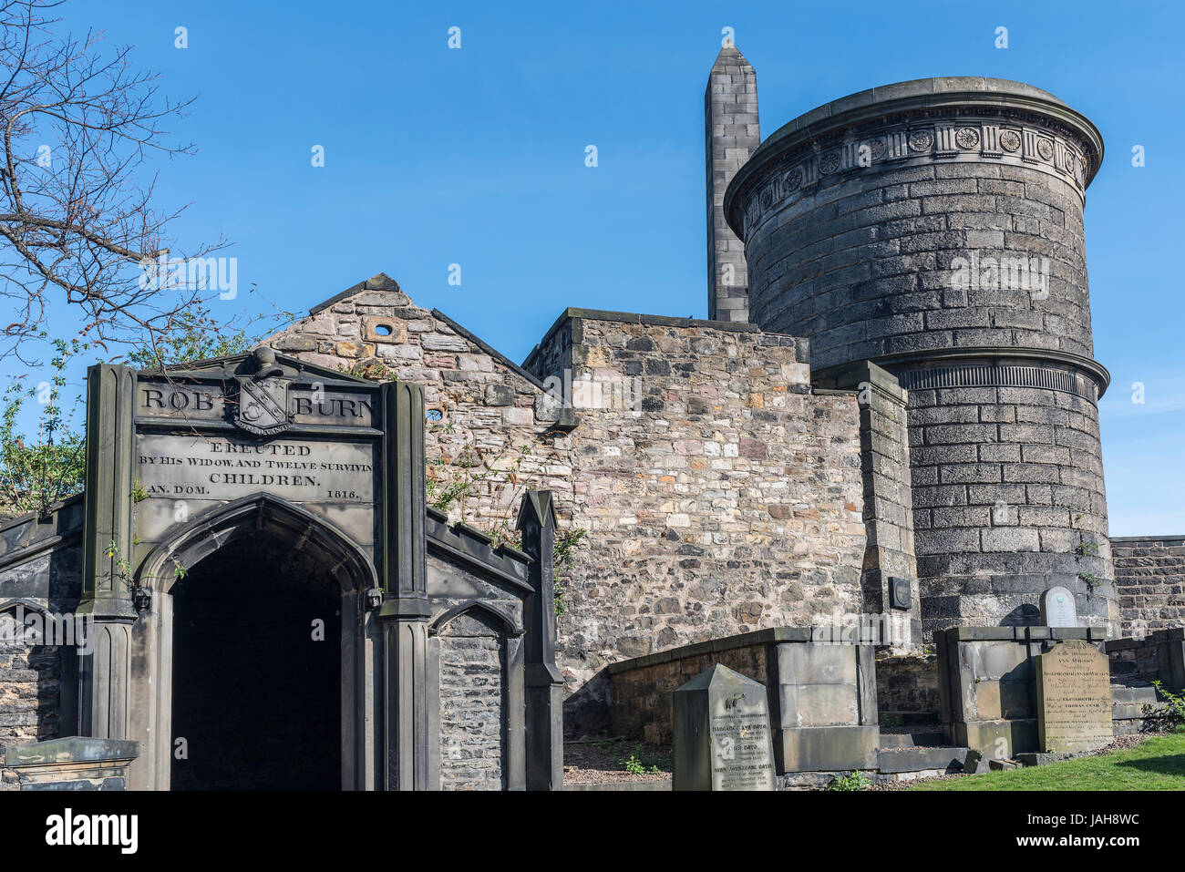 Rob Burn's grave and memorial erected by his wife and twelve children, Old Calton Cemetery, Edinburgh, Scotland Stock Photo