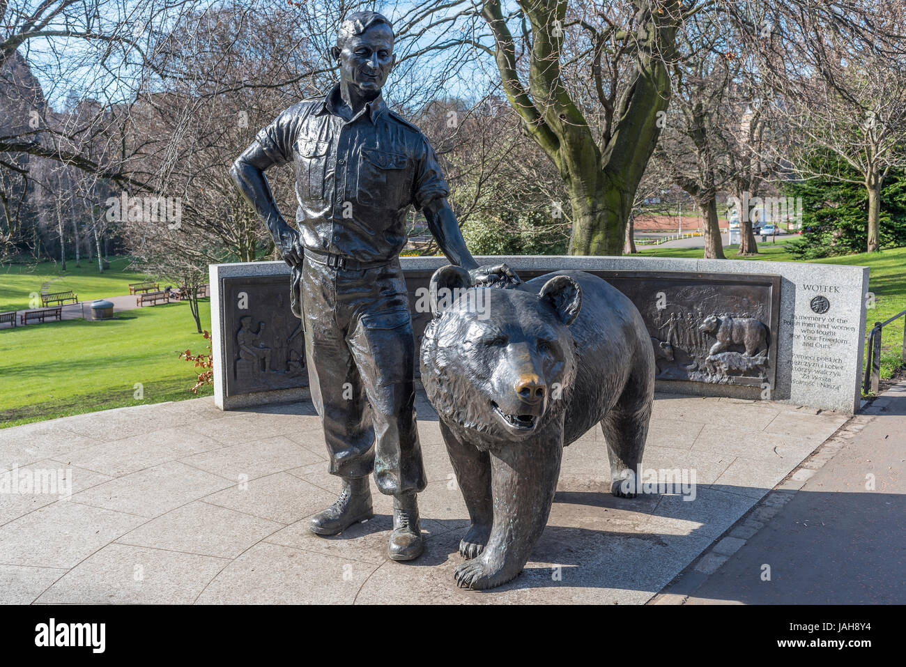 Statue depicting Wojtek the 'Soldier Bear' who was adopted by Polish troops during Second World War, West Princes Street Gardens, Edinburgh, Scotland Stock Photo